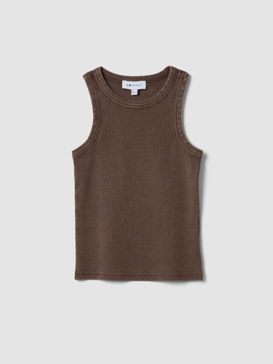 Brown ribbed stretch cotton fitted tank top_0