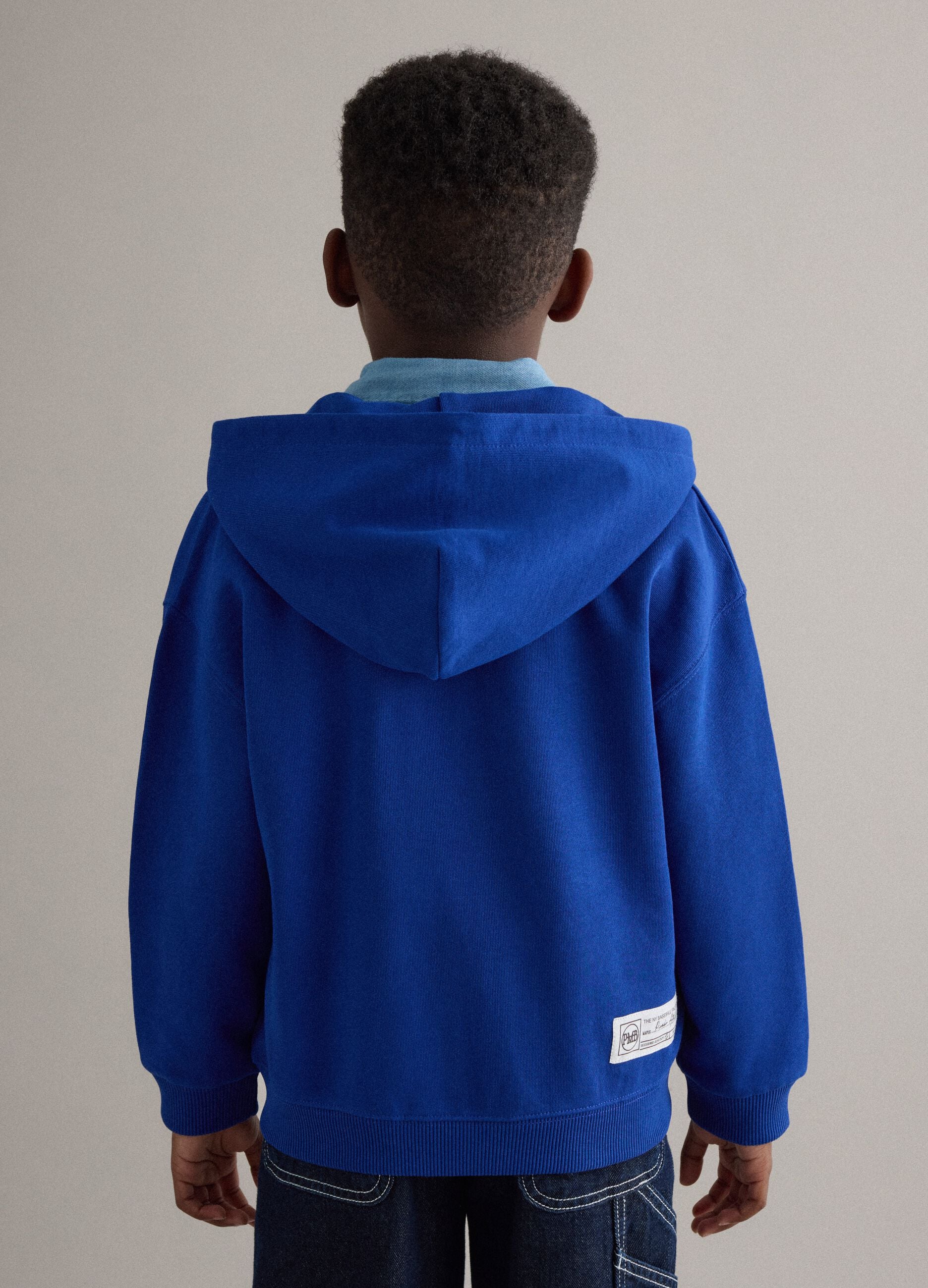 Boys' blue pure cotton hoodie regular fit with numbers and text