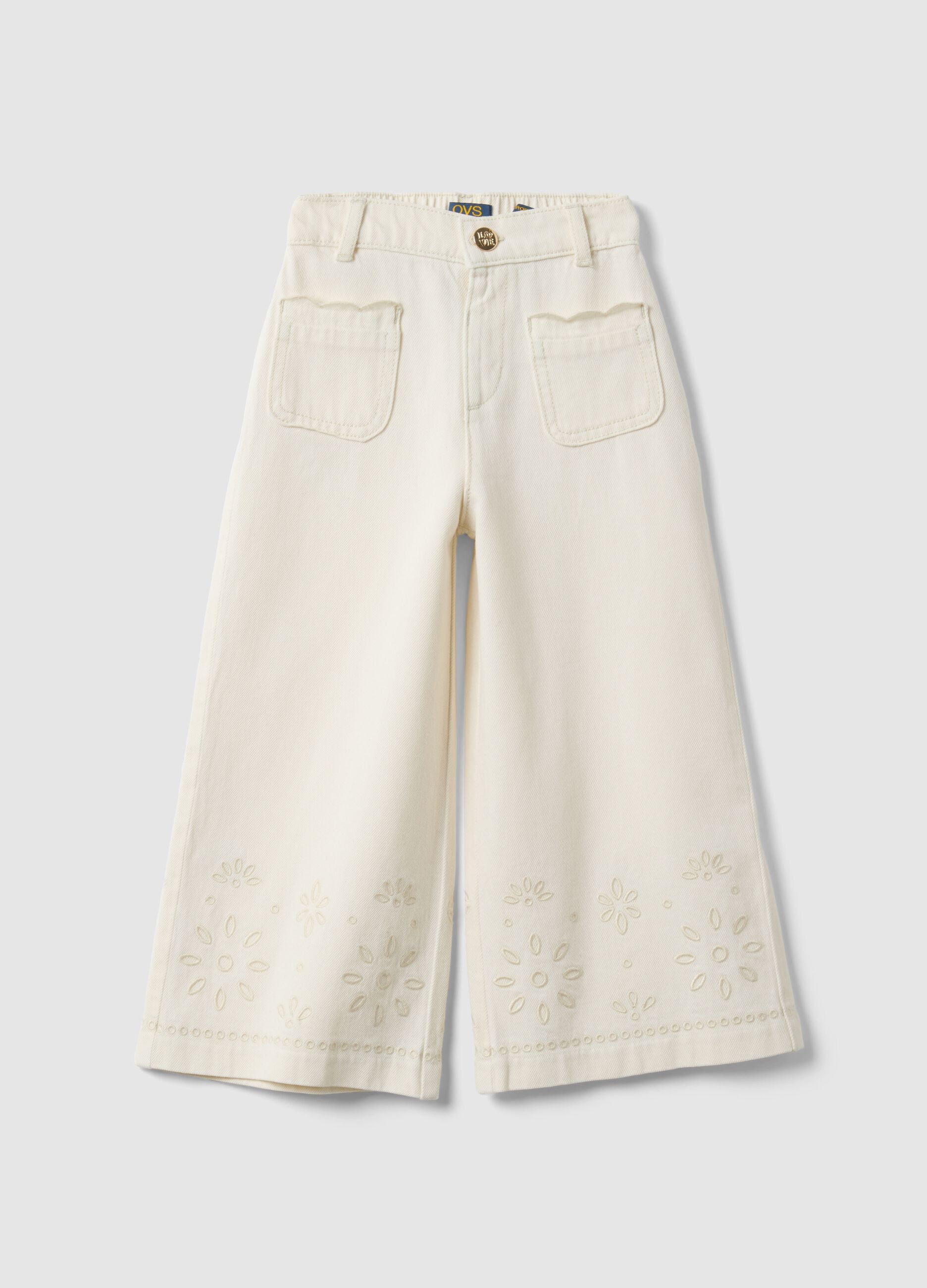 Girls' white cotton culotte trousers with embroidery