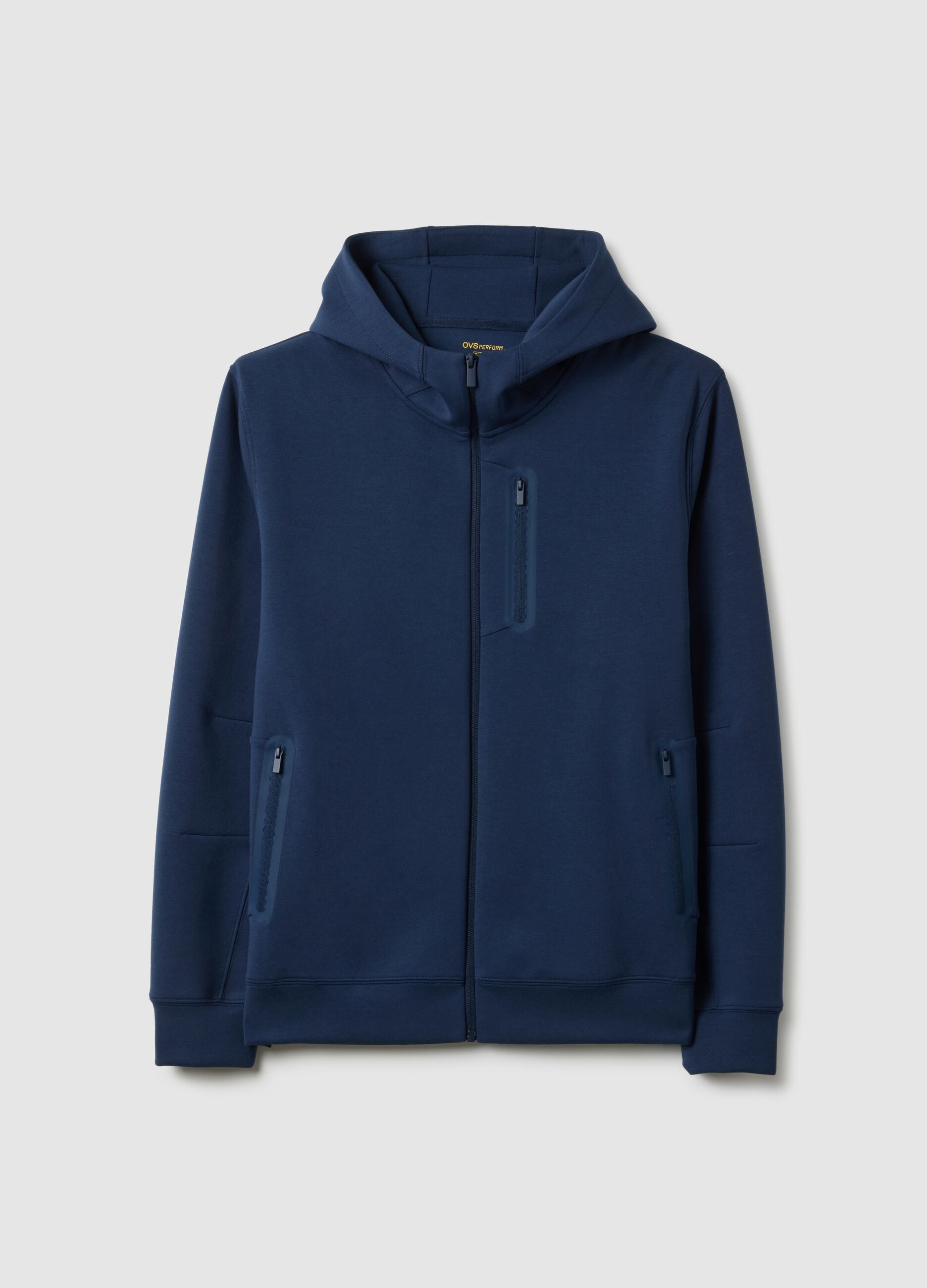 Blue Regular Fit Hooded Sweatshirt with Front Zip Neck