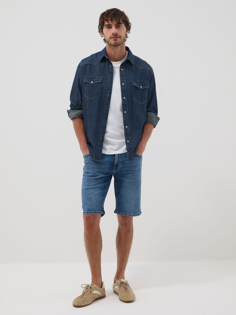 Blue stretch cotton Bermuda shorts_0
