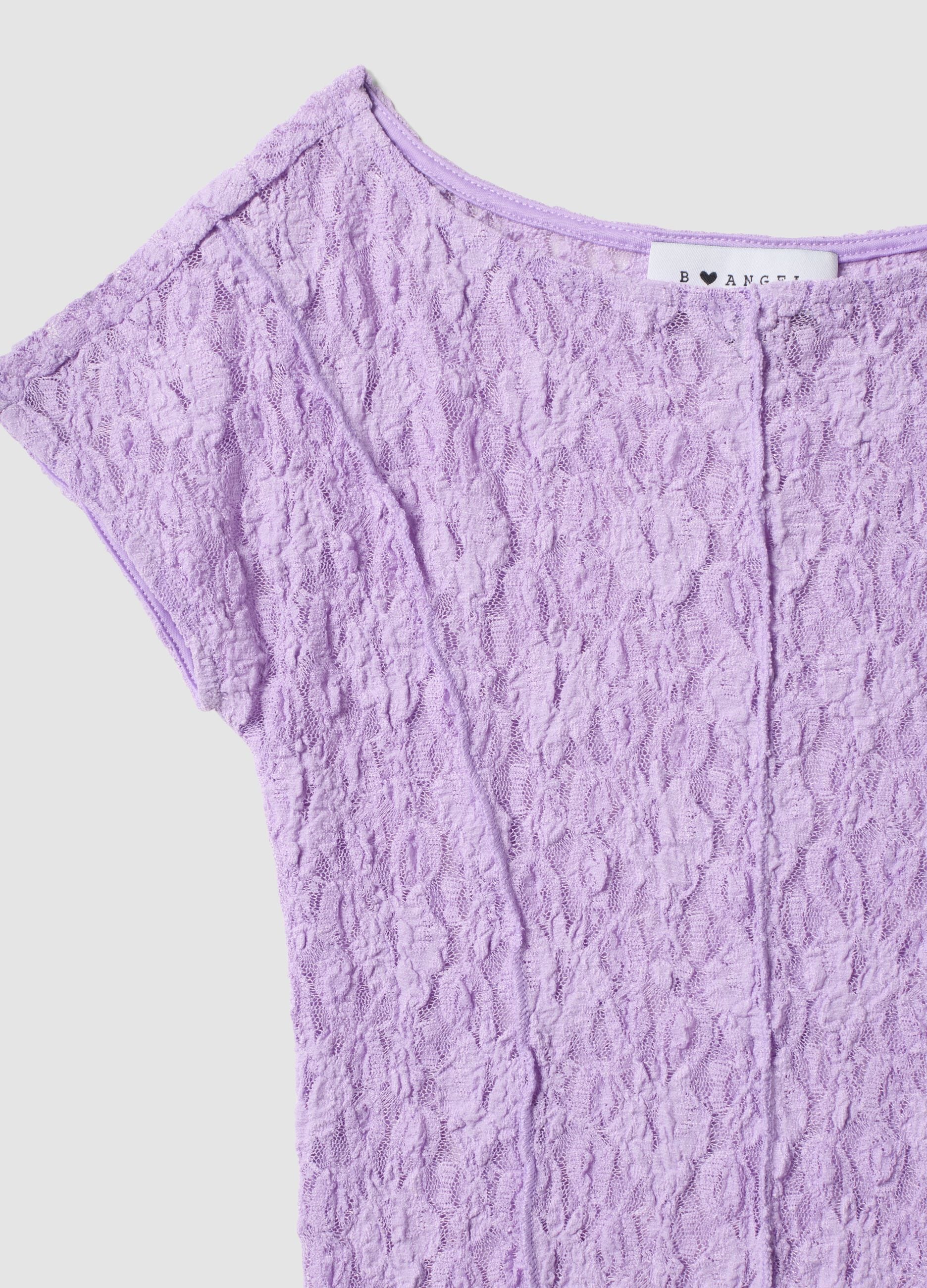 Purple stretch T-shirt with raised floral texture