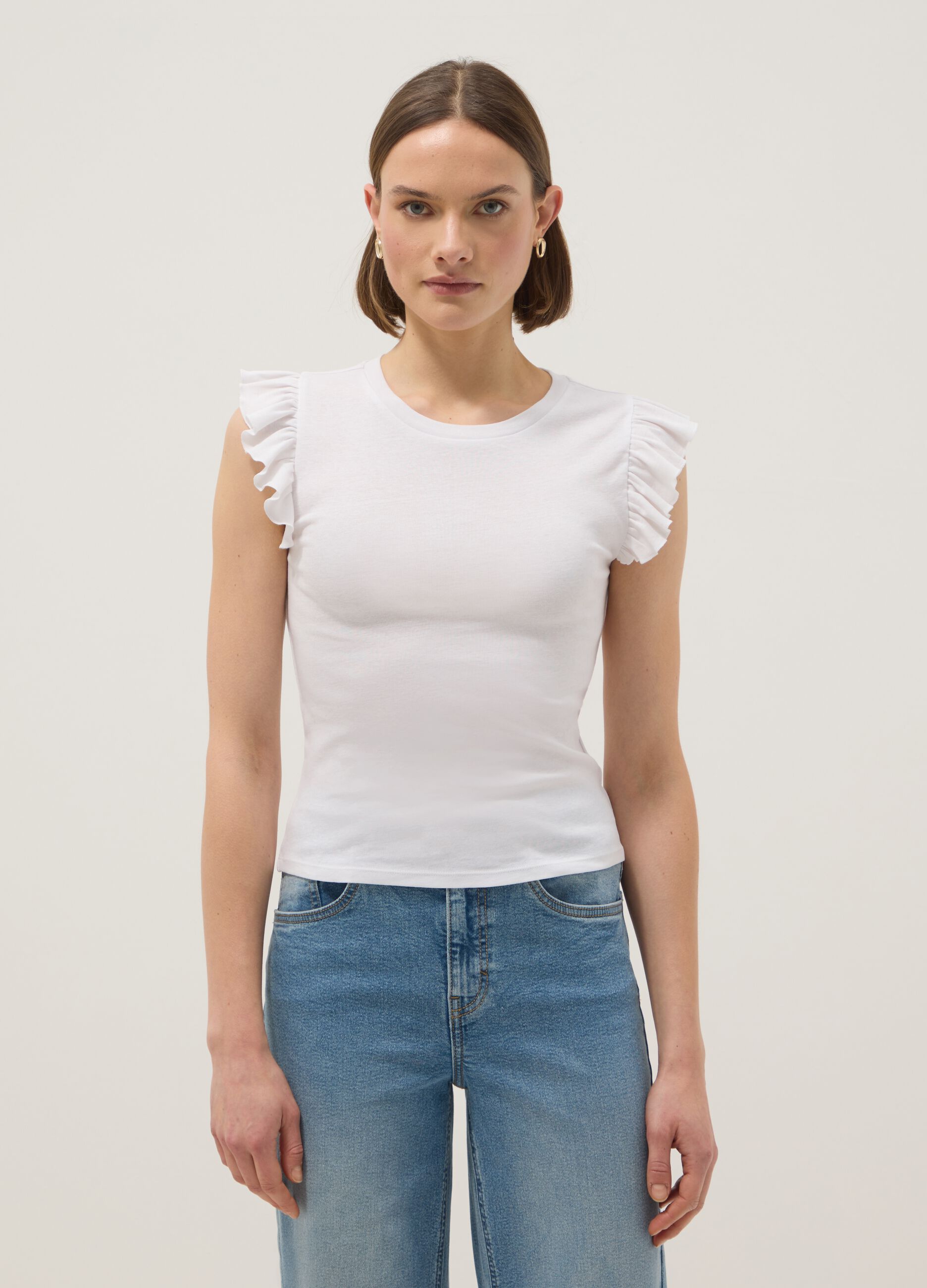 T-shirt in puro cotone bianca slim fit con volant