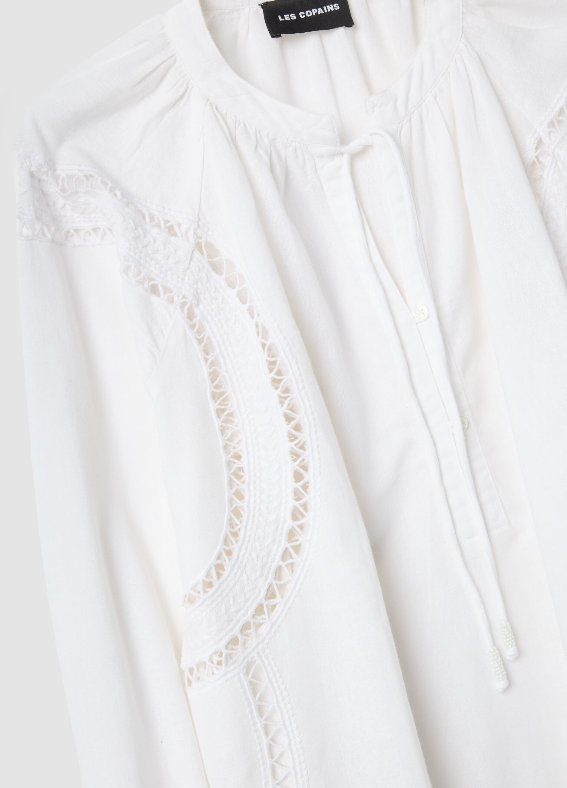 White regular fit cotton-linen blend blouse with eyelet details
