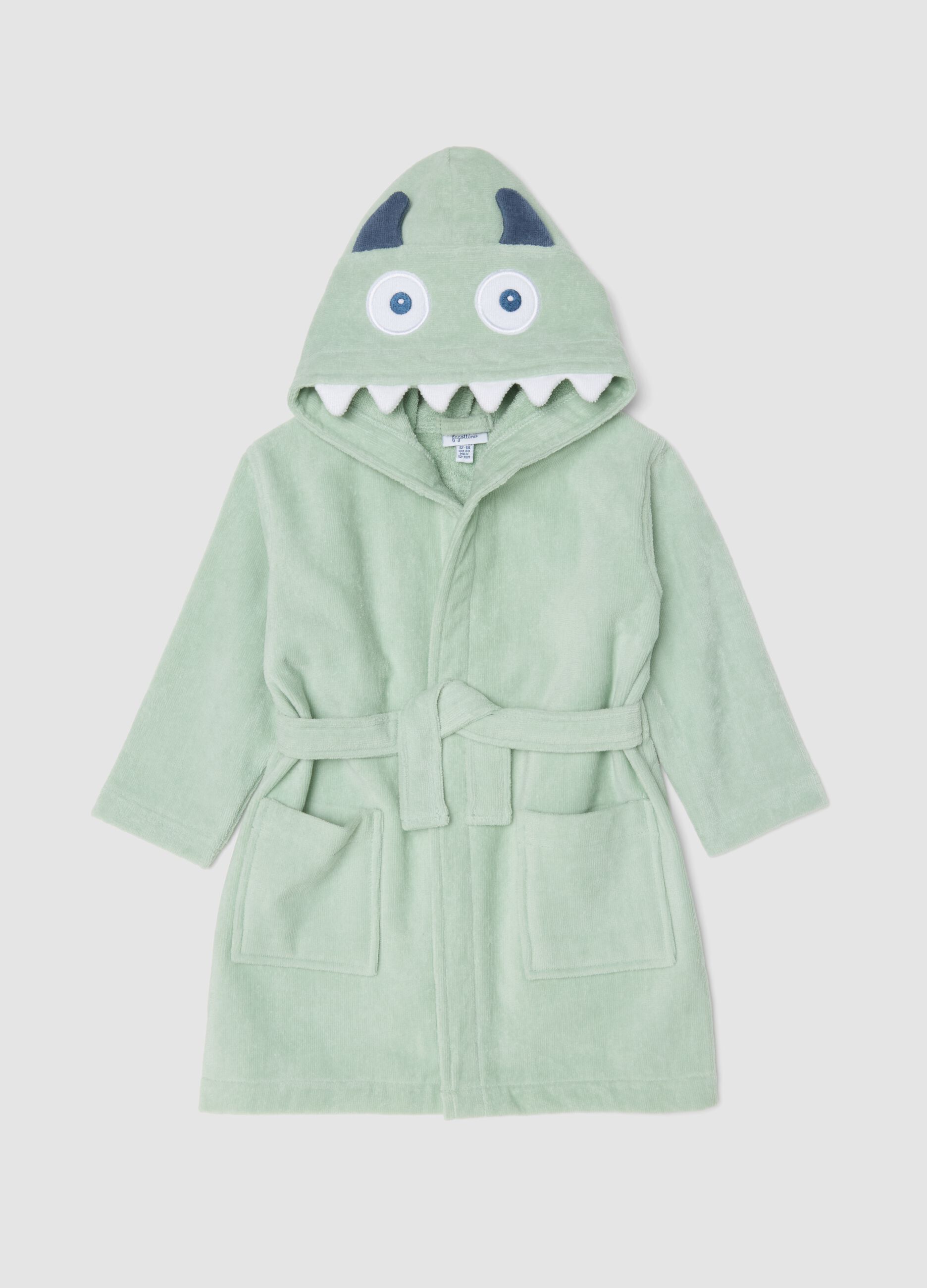 Green organic cotton dinosaur hooded bathrobe for babies and toddlers