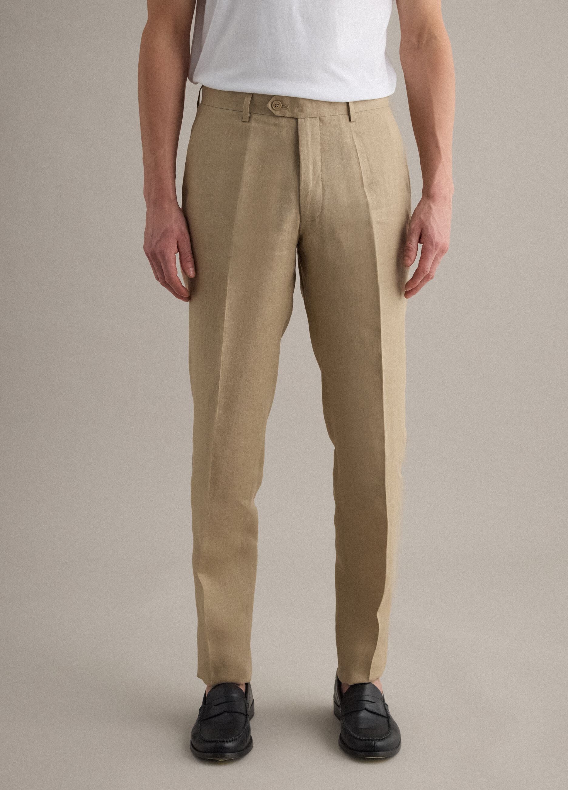 Beige slim-fit pure linen trousers