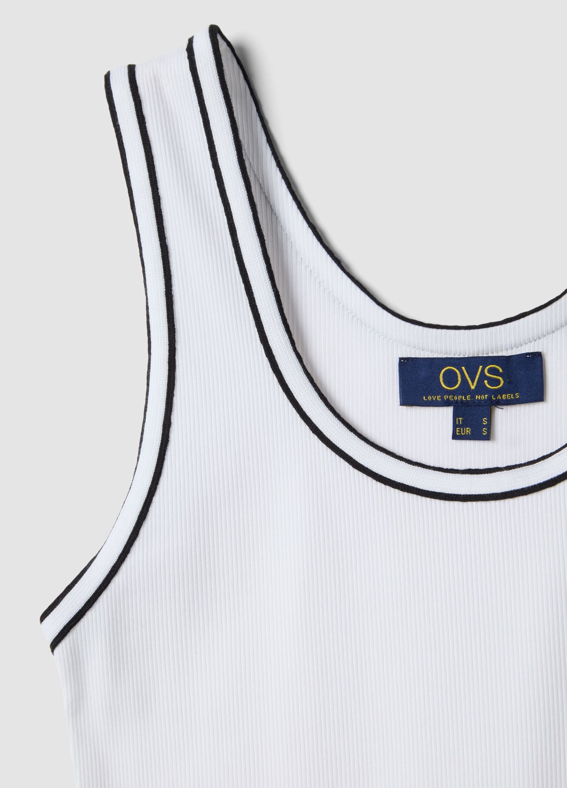 White stretch cotton tank top with border regular fit