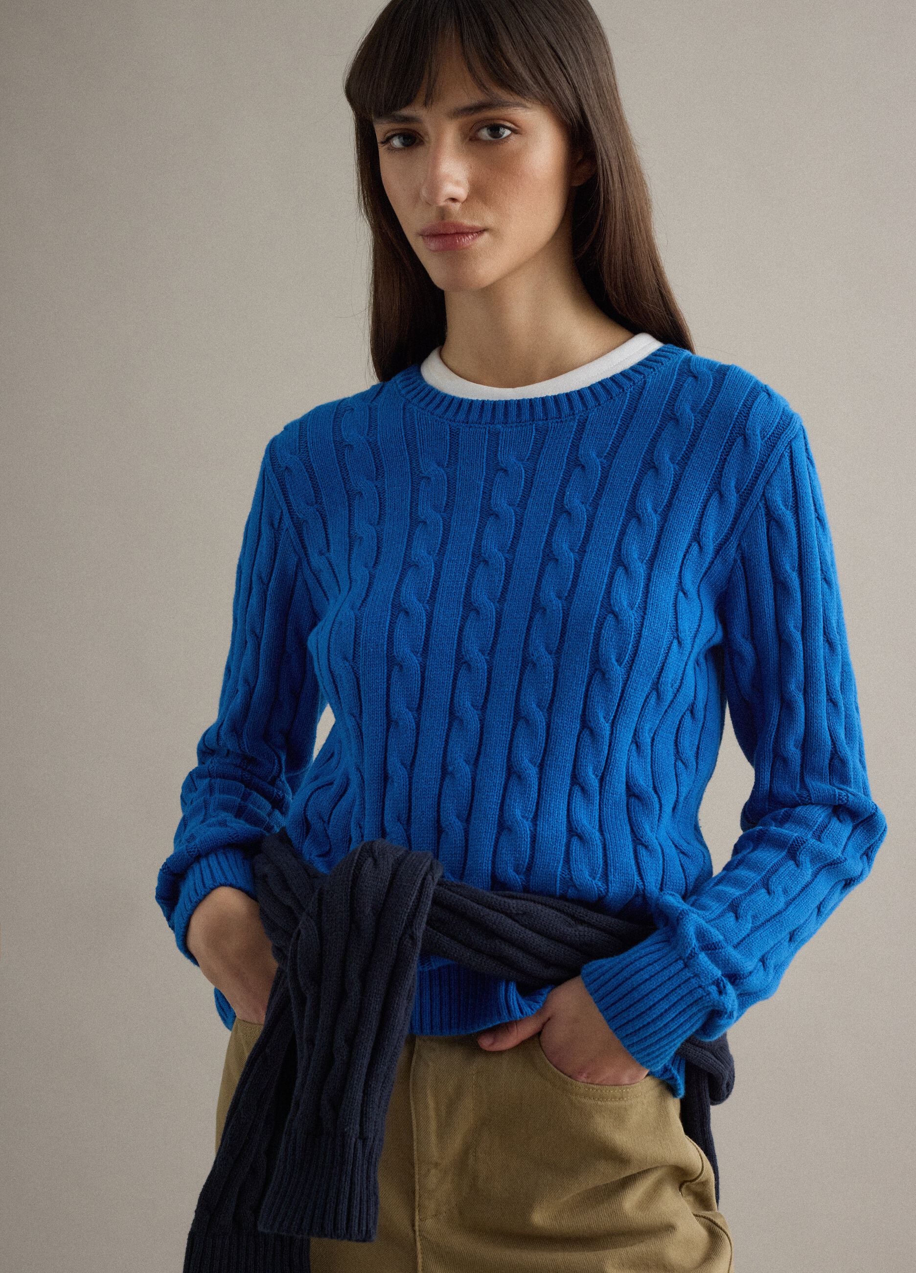 Blue sweater in pure cotton regular fit with cable knit