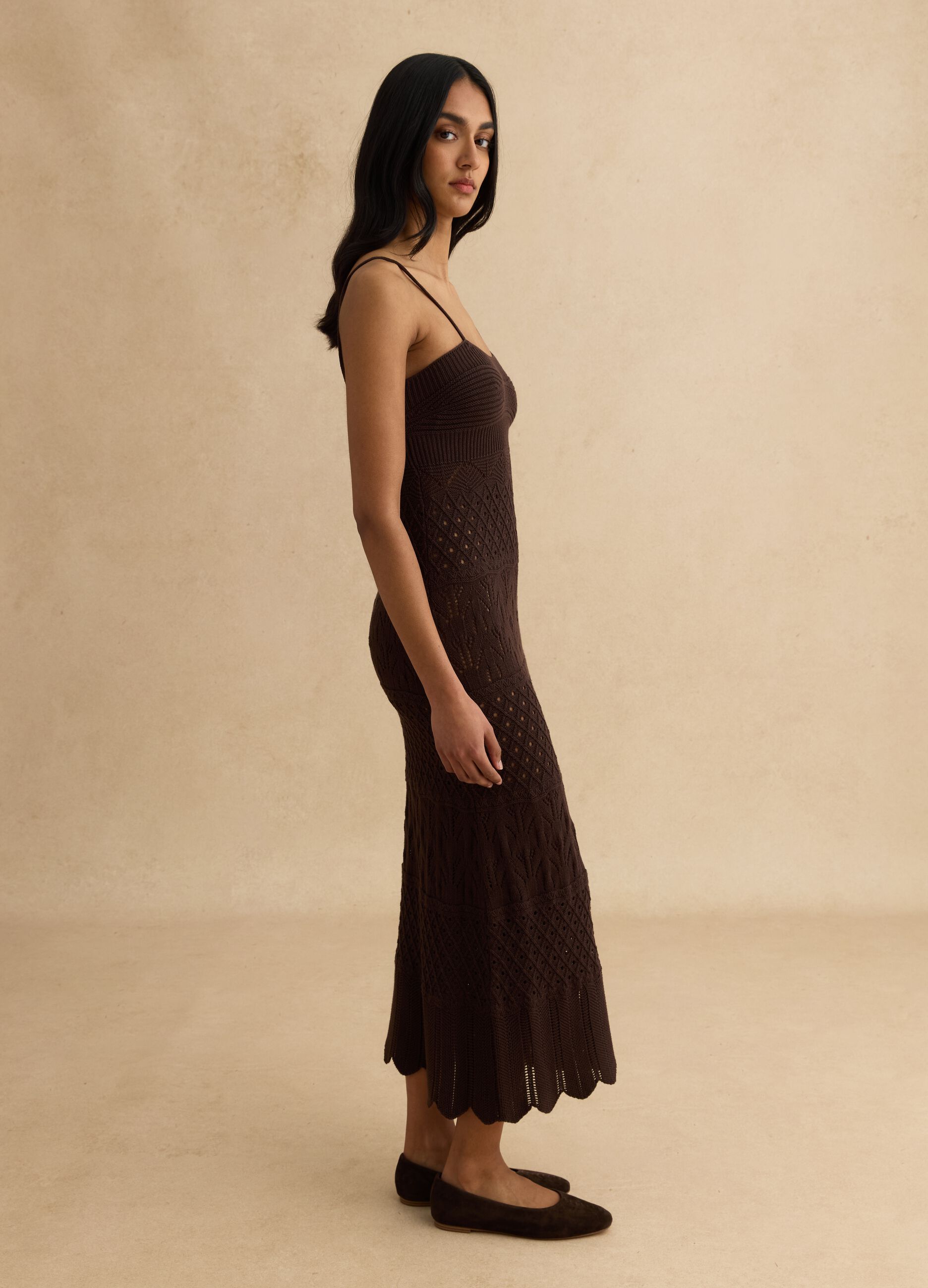 Brown pure cotton slim fit dress with knitted texture