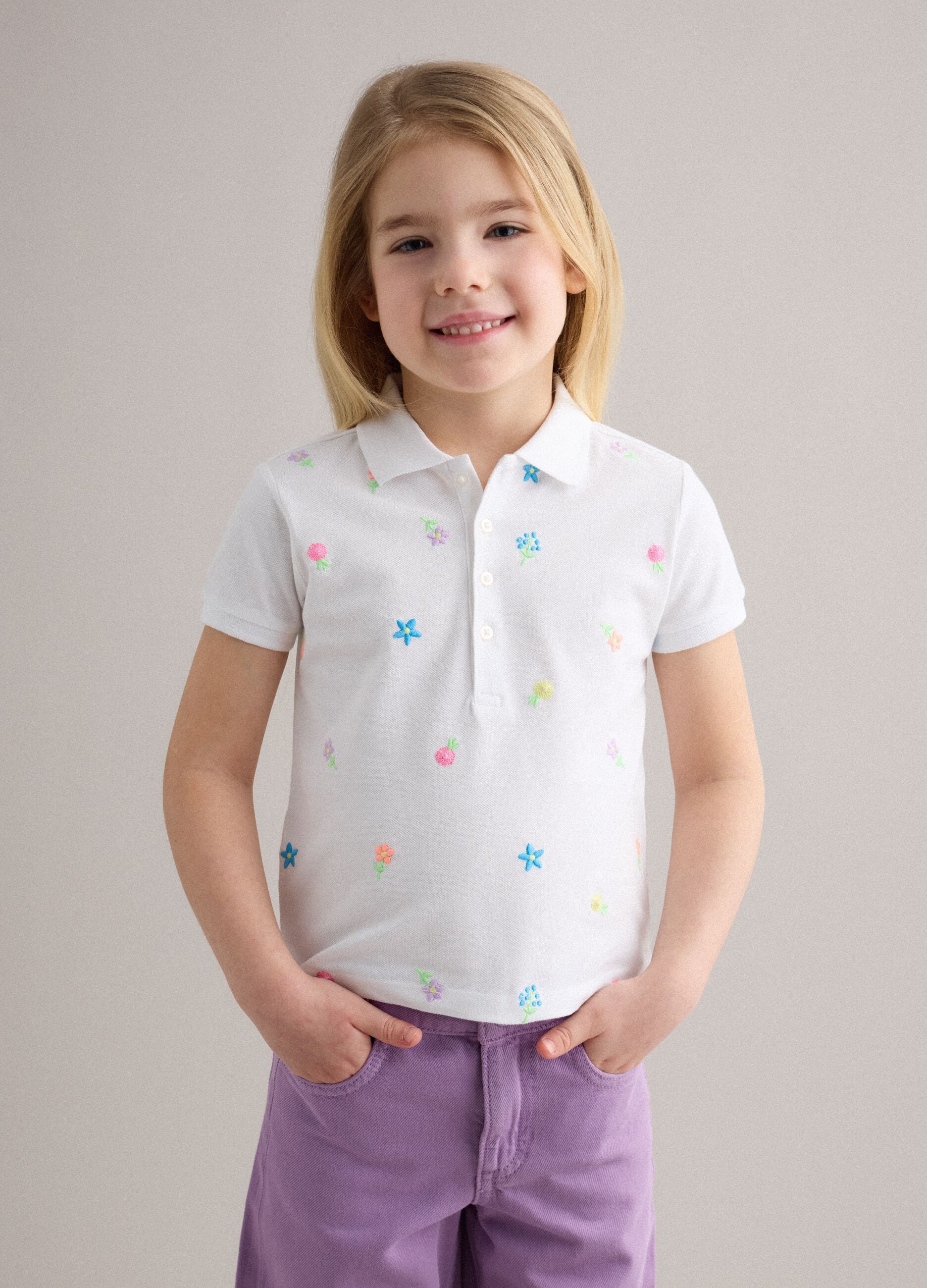 Girls' white pure cotton polo regular fit with embroidered flowers