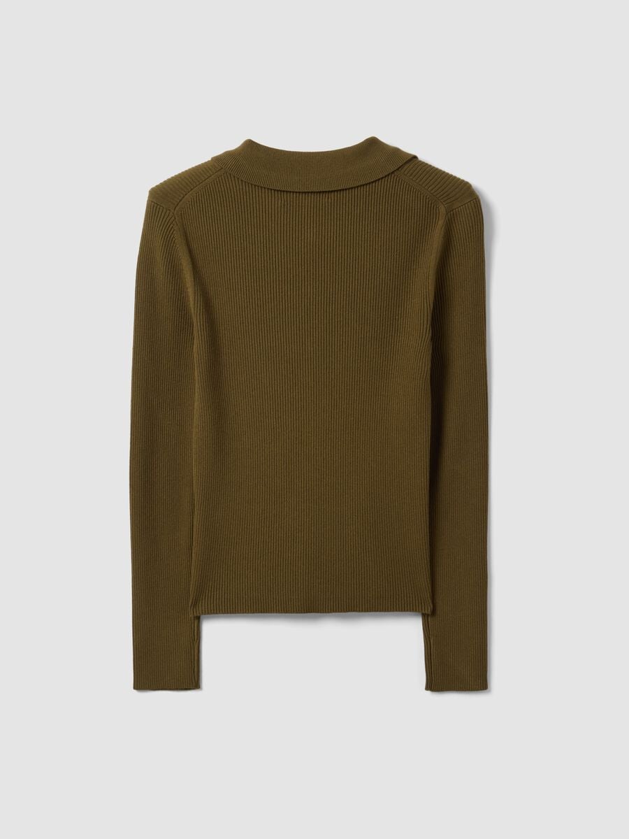 Cardigan fitted verde a coste in misto viscosa con colletto polo_5
