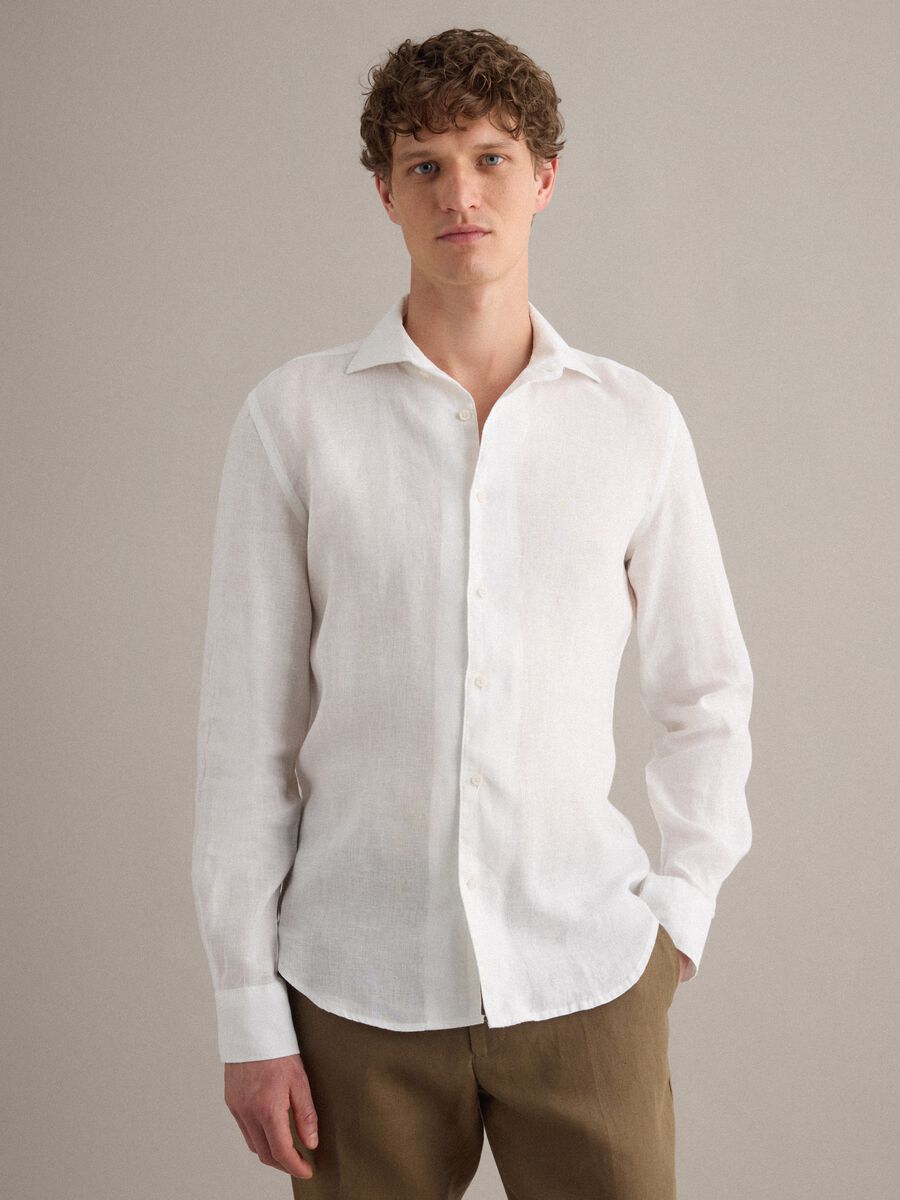 White pure linen long-sleeve slim fit shirt_0
