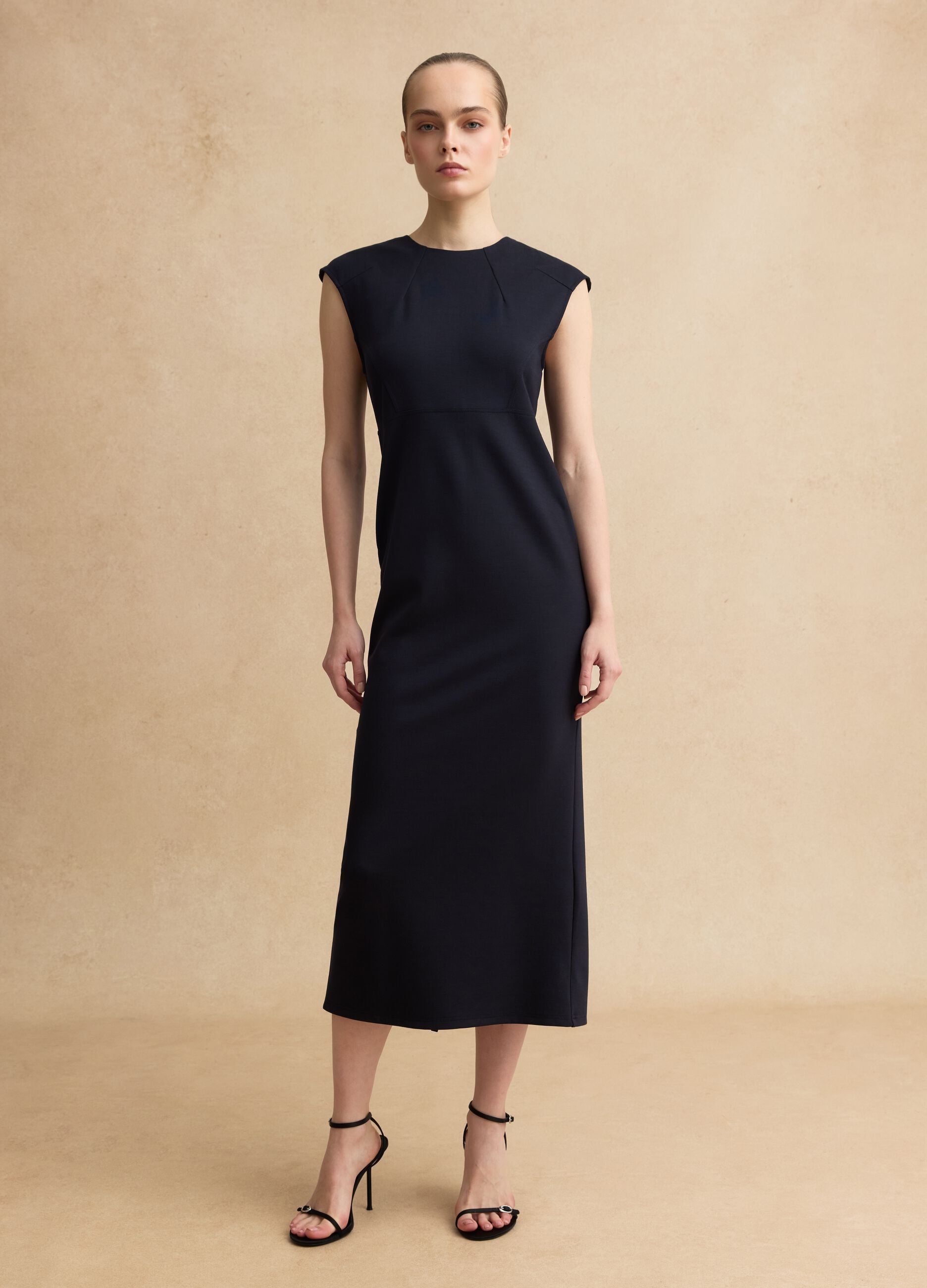 Sleeveless blue viscose blend slim fit dress with zip