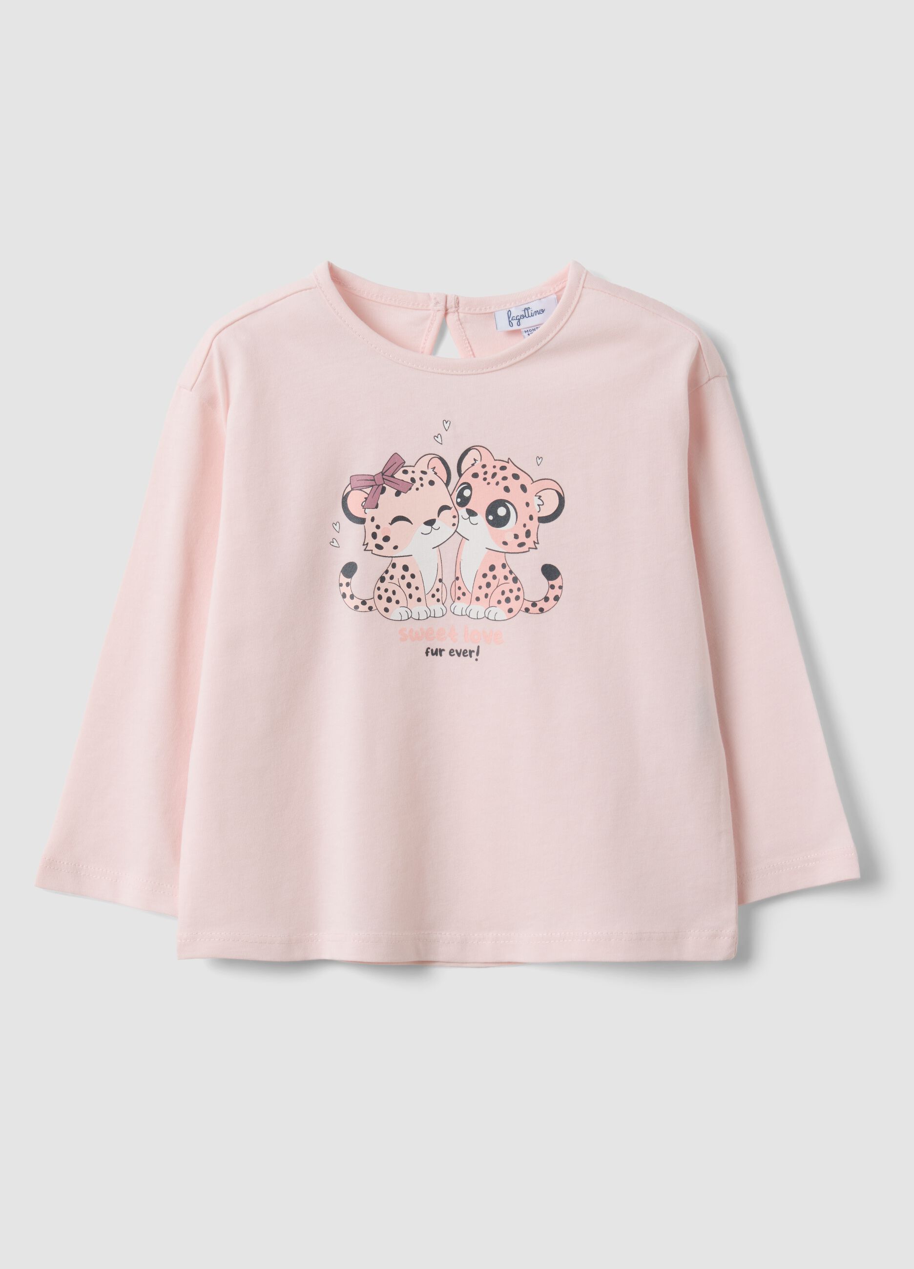 Pink long-sleeve organic cotton printed T-shirt for baby girl