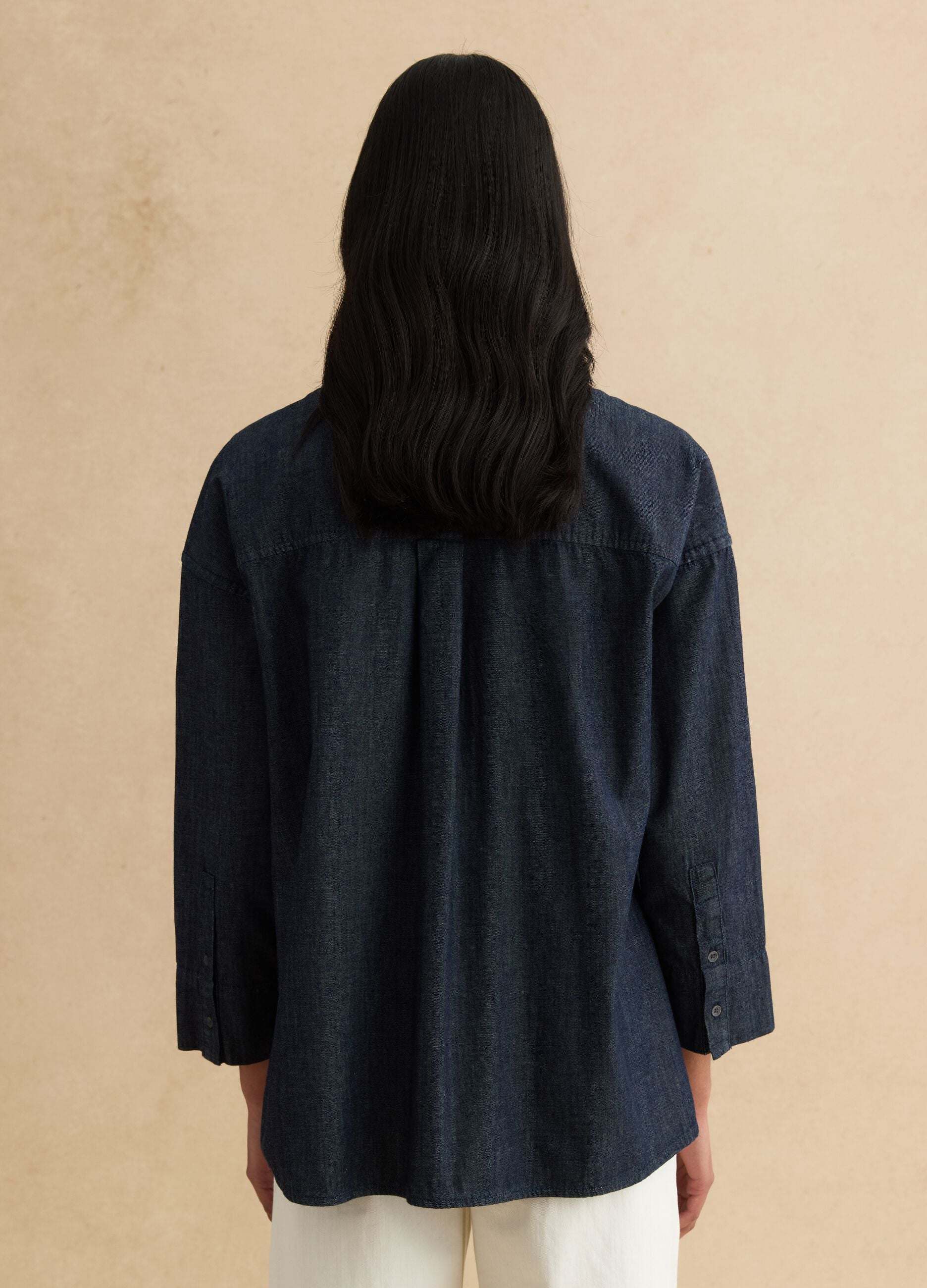 Oversized fit long shirt in pure blue denim cotton