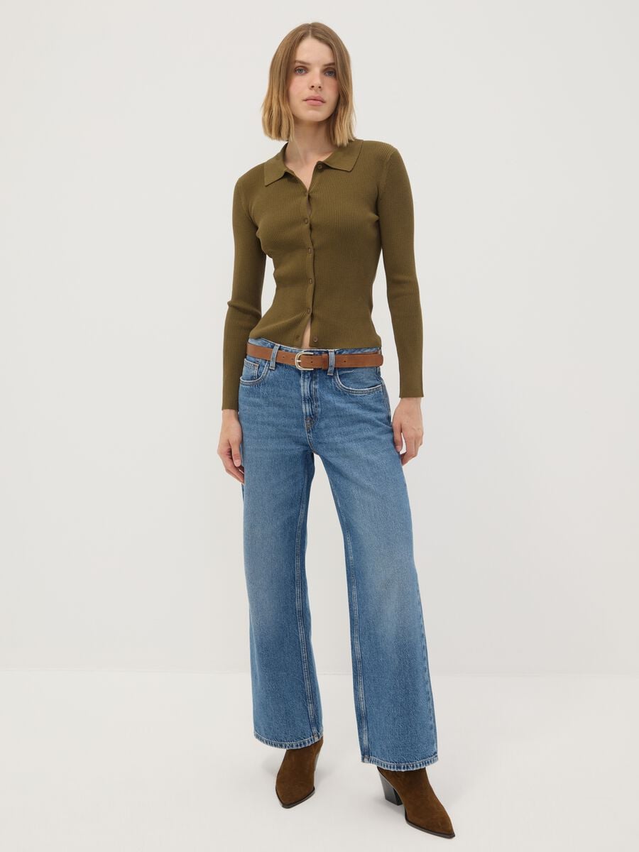 Cardigan fitted verde a coste in misto viscosa con colletto polo_1
