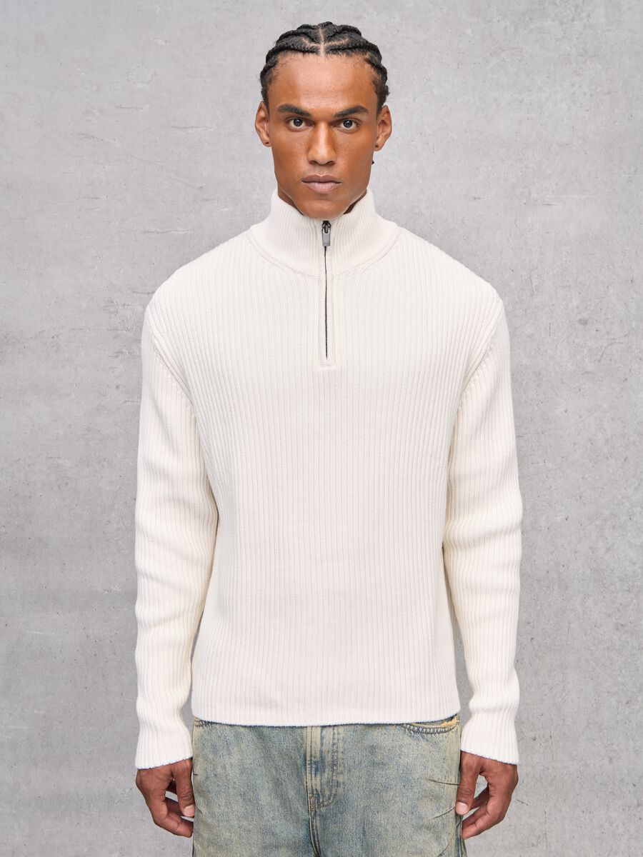 White Ribbed Knit Half-Zip_2
