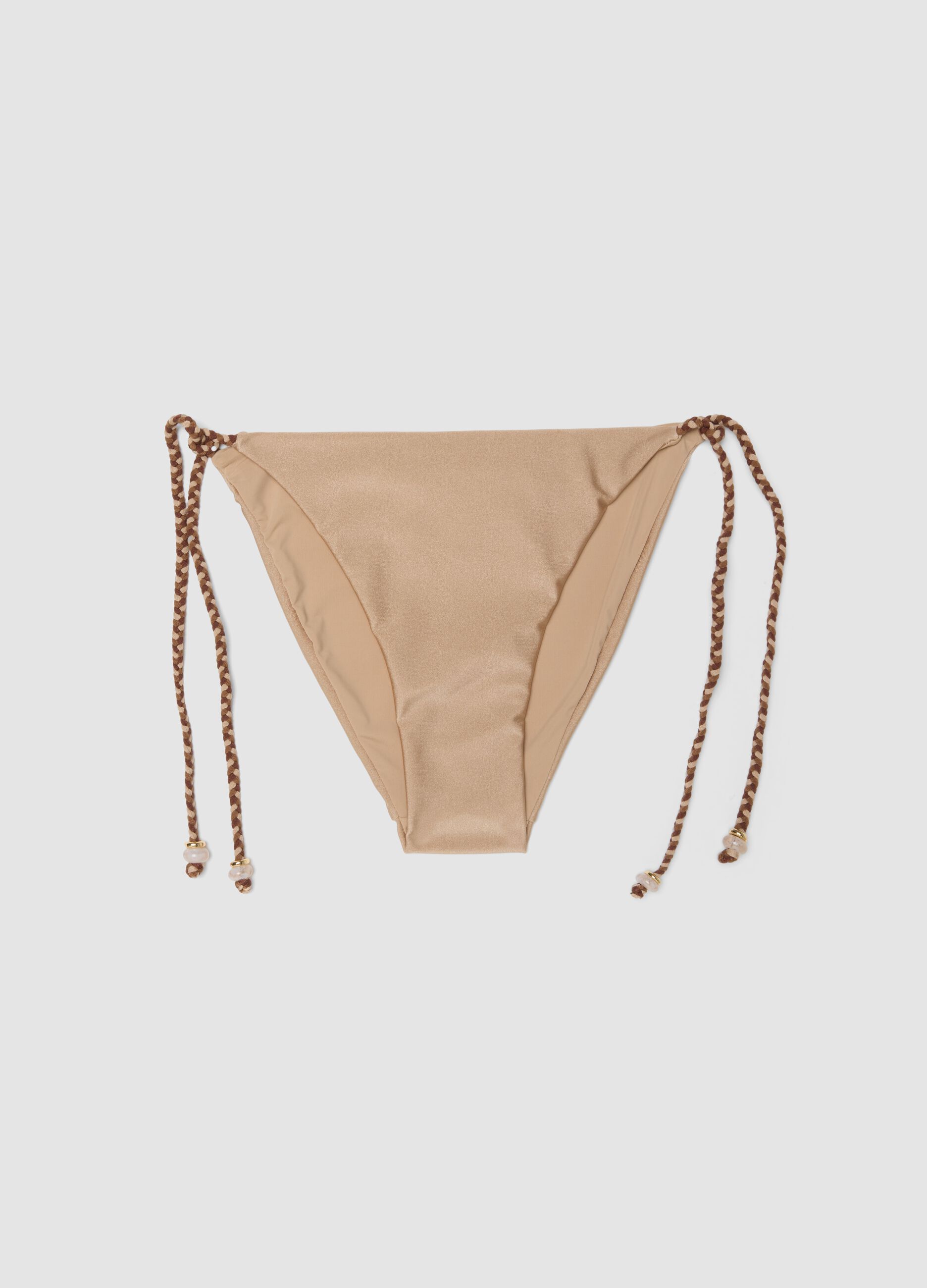 Beige tie-side bikini bottoms in stretch fabric