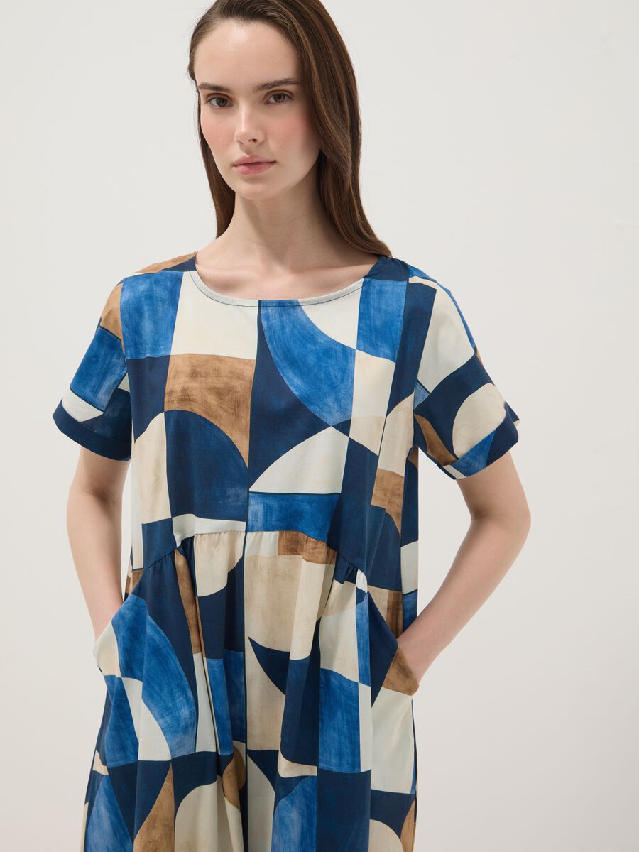 Multicolour stretch cotton midi dress with geometric print_1