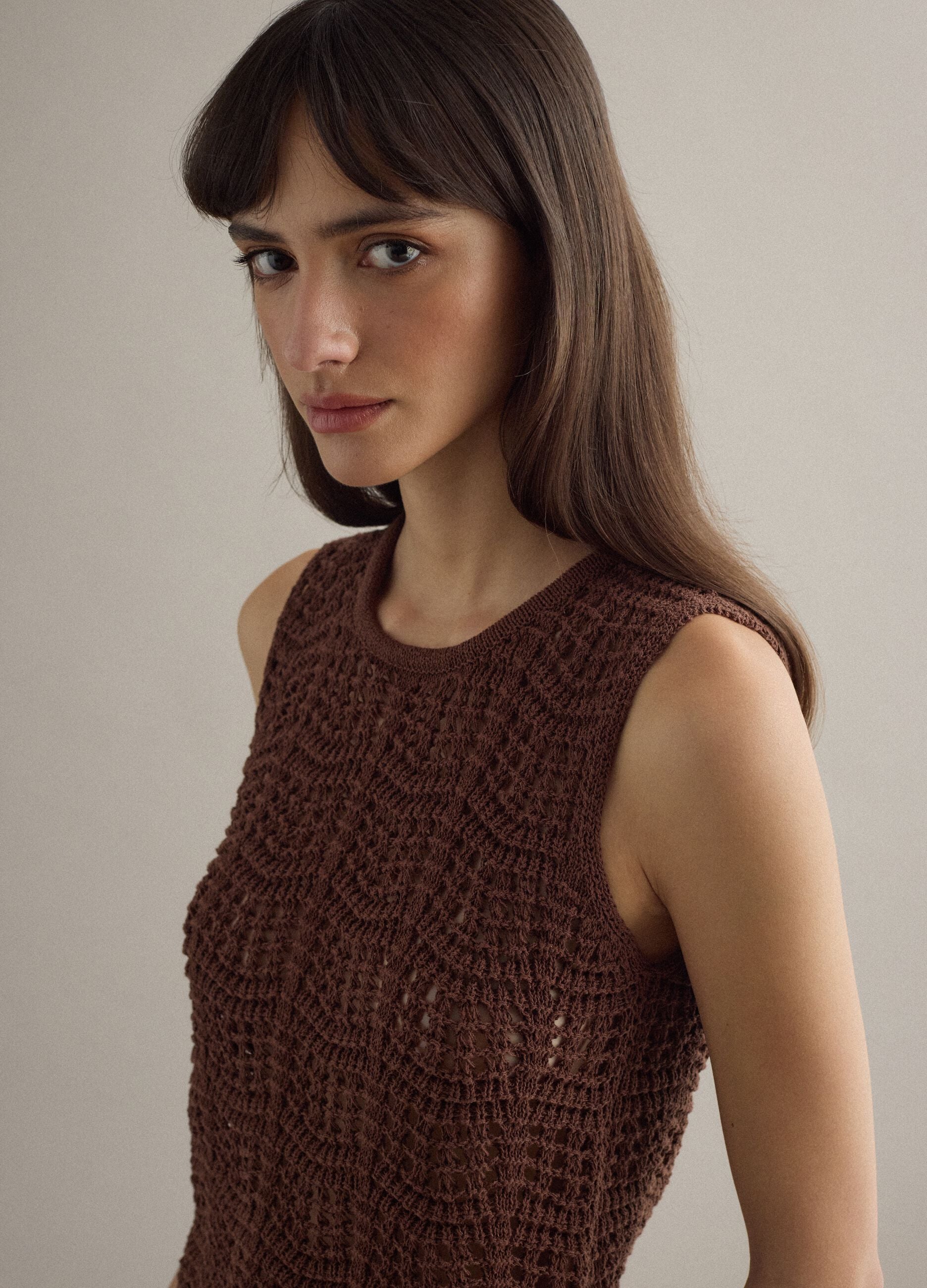 Brown regular fit cotton blend tank top with mesh texture