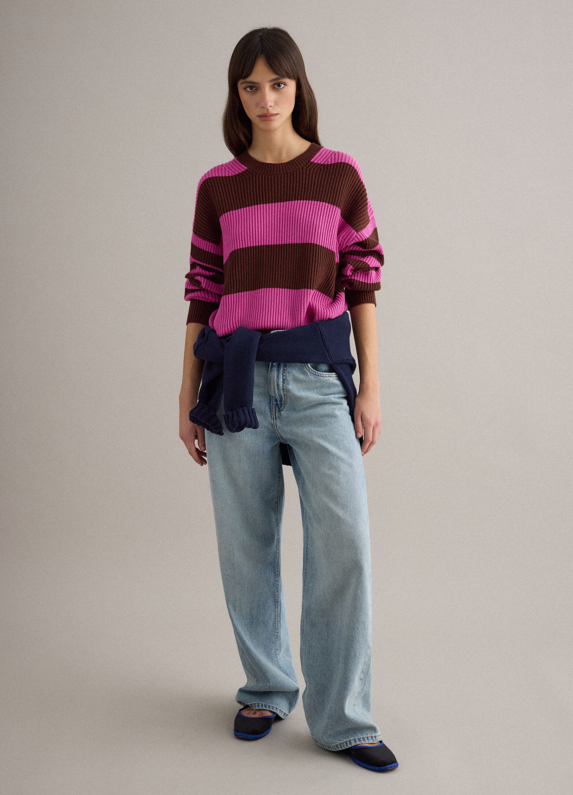 Multicoloured striped crew neck sweater in regular fit cotton blend