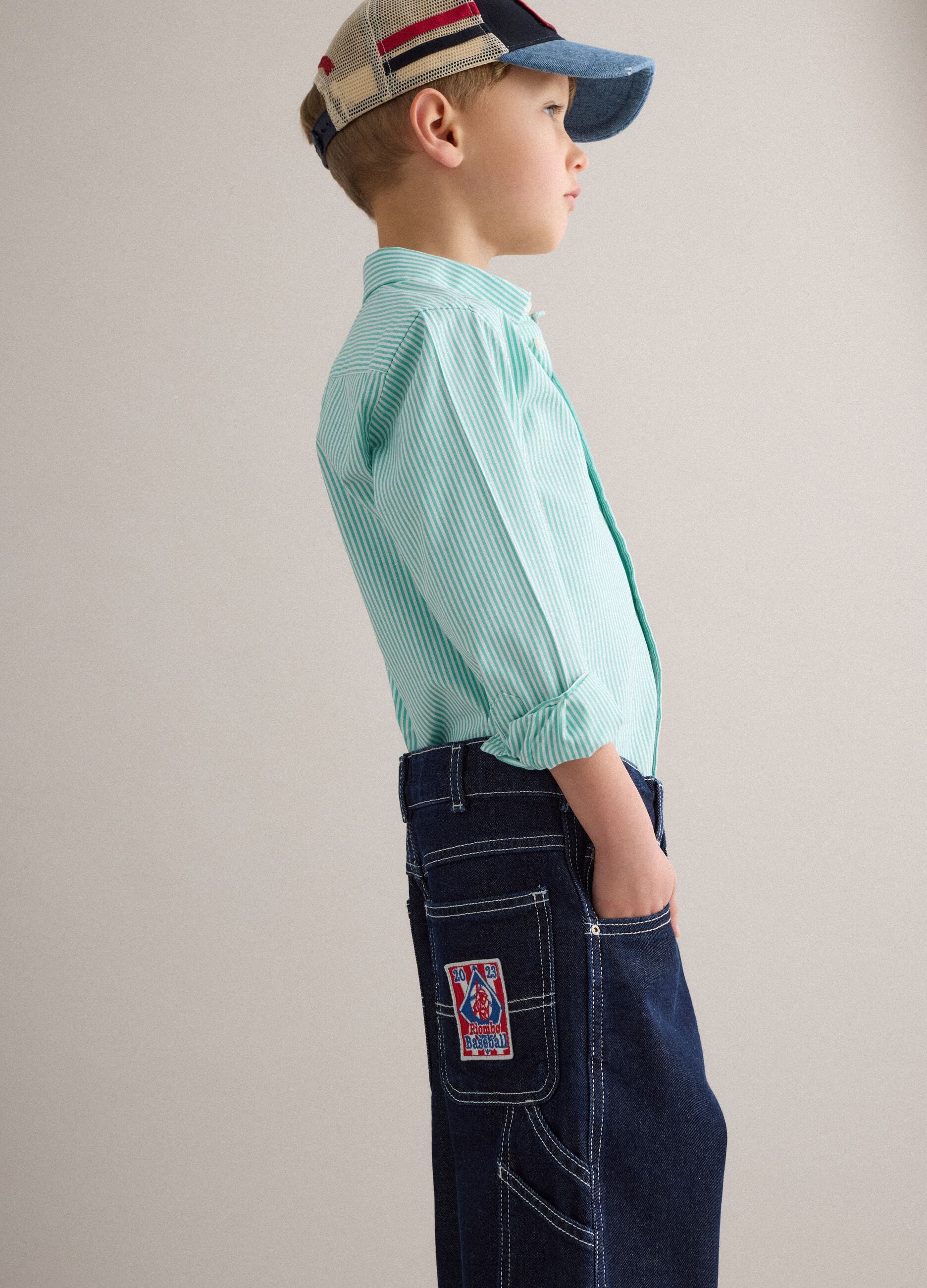 Children's blue pure cotton trousers regular fit with exposed stitching