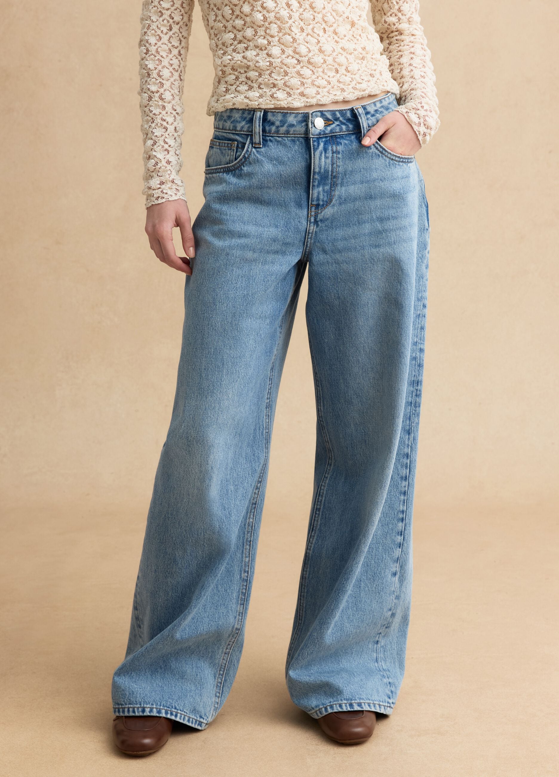 Sky Blue Cotton Wide Leg Jeans