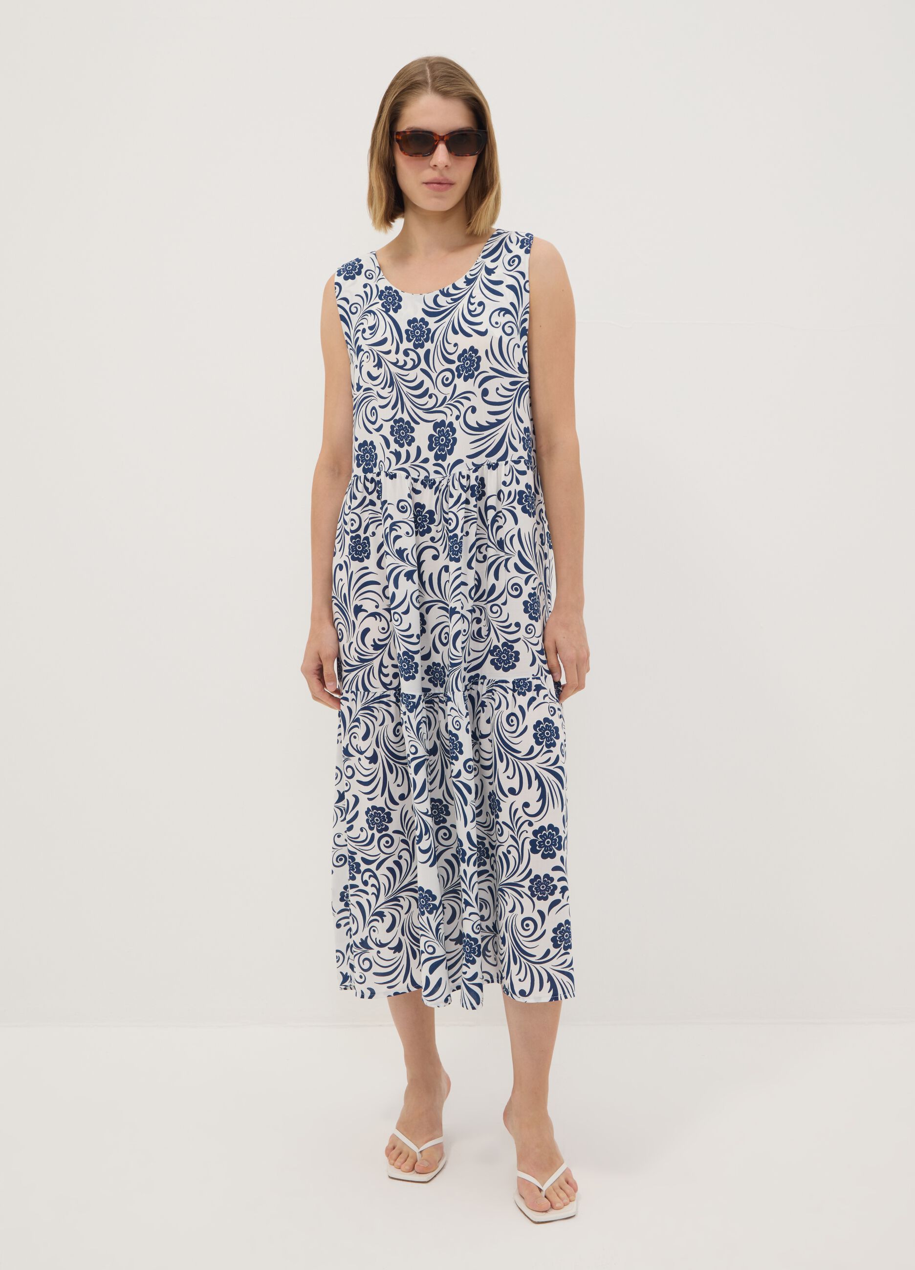Blue pure viscose dress with floral print, regular fit