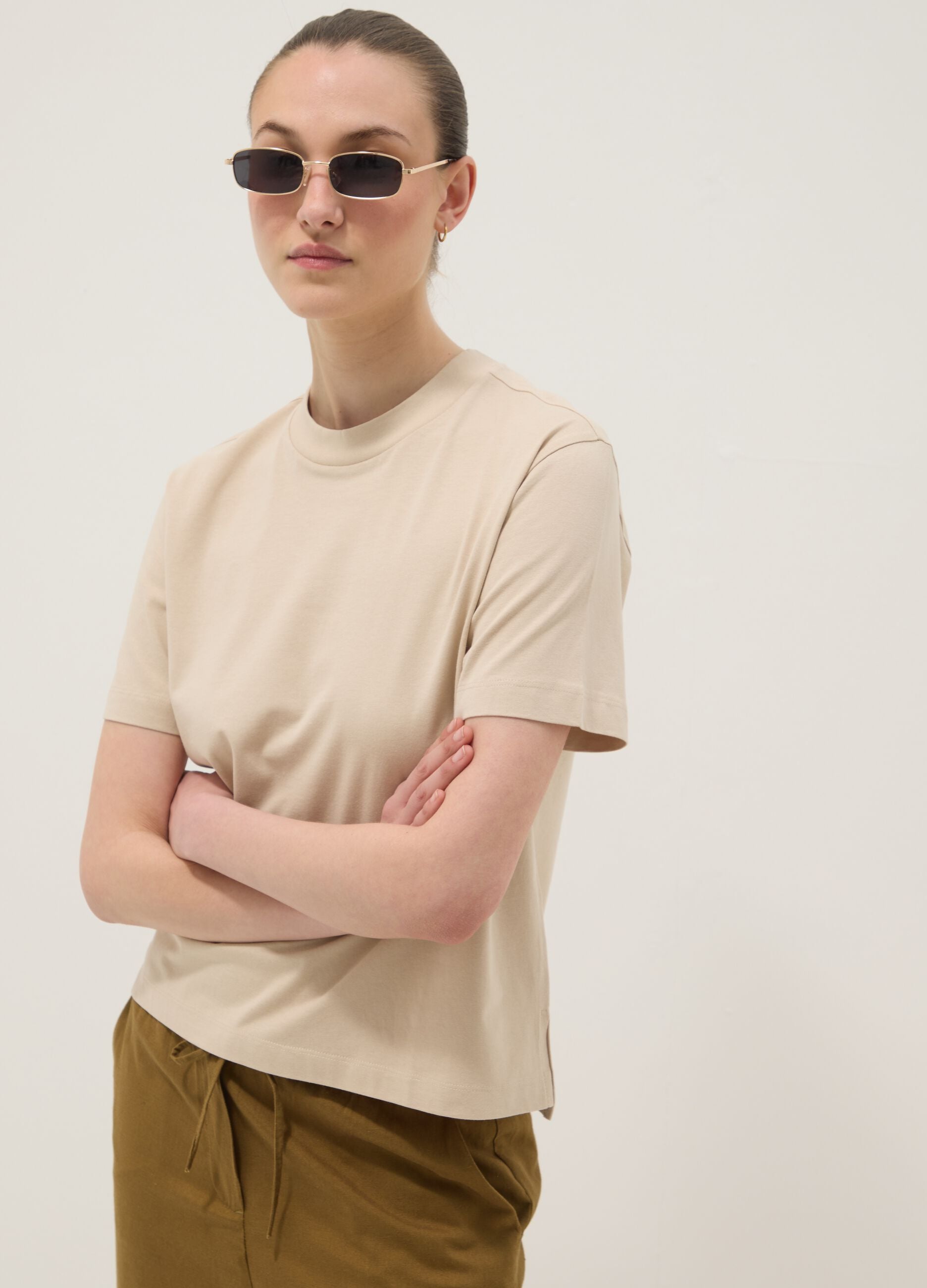 Beige pure cotton regular fit T-shirt