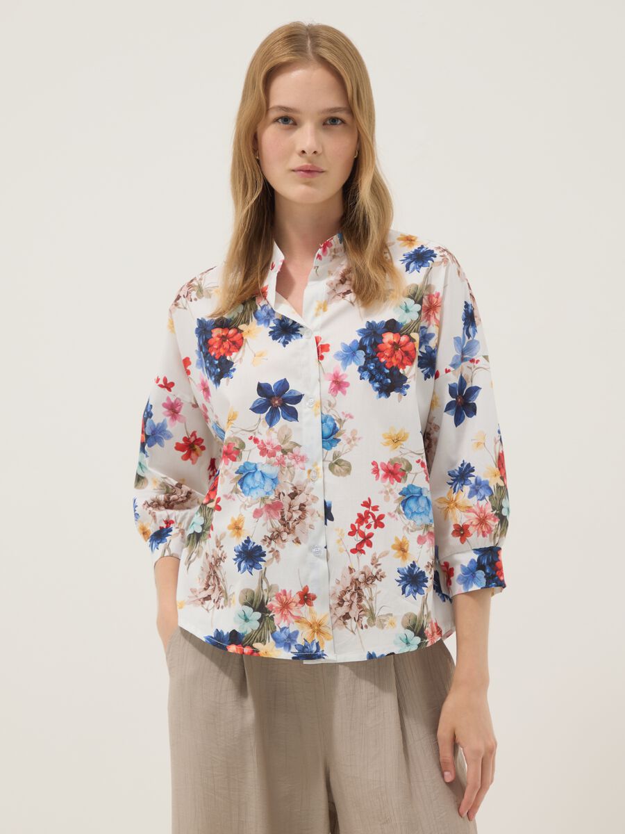 White stretch cotton floral shirt_1