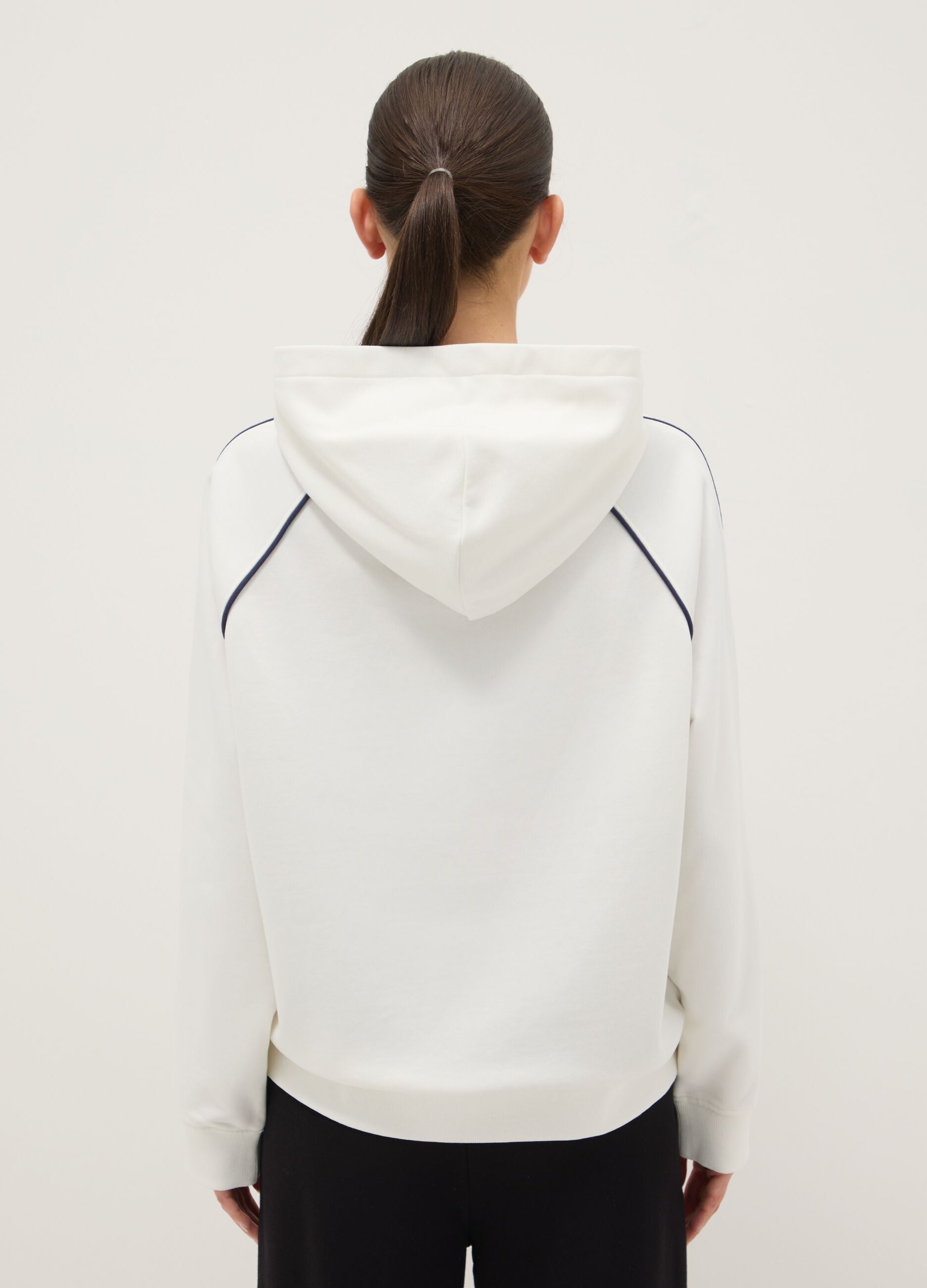 White Hooded Zip Cotton Blend Relaxed Fit Sweatshirt
