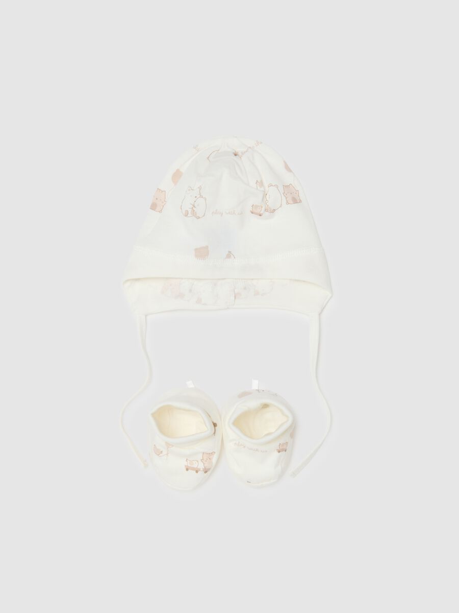 White baby hat and booties set in pure cotton_0