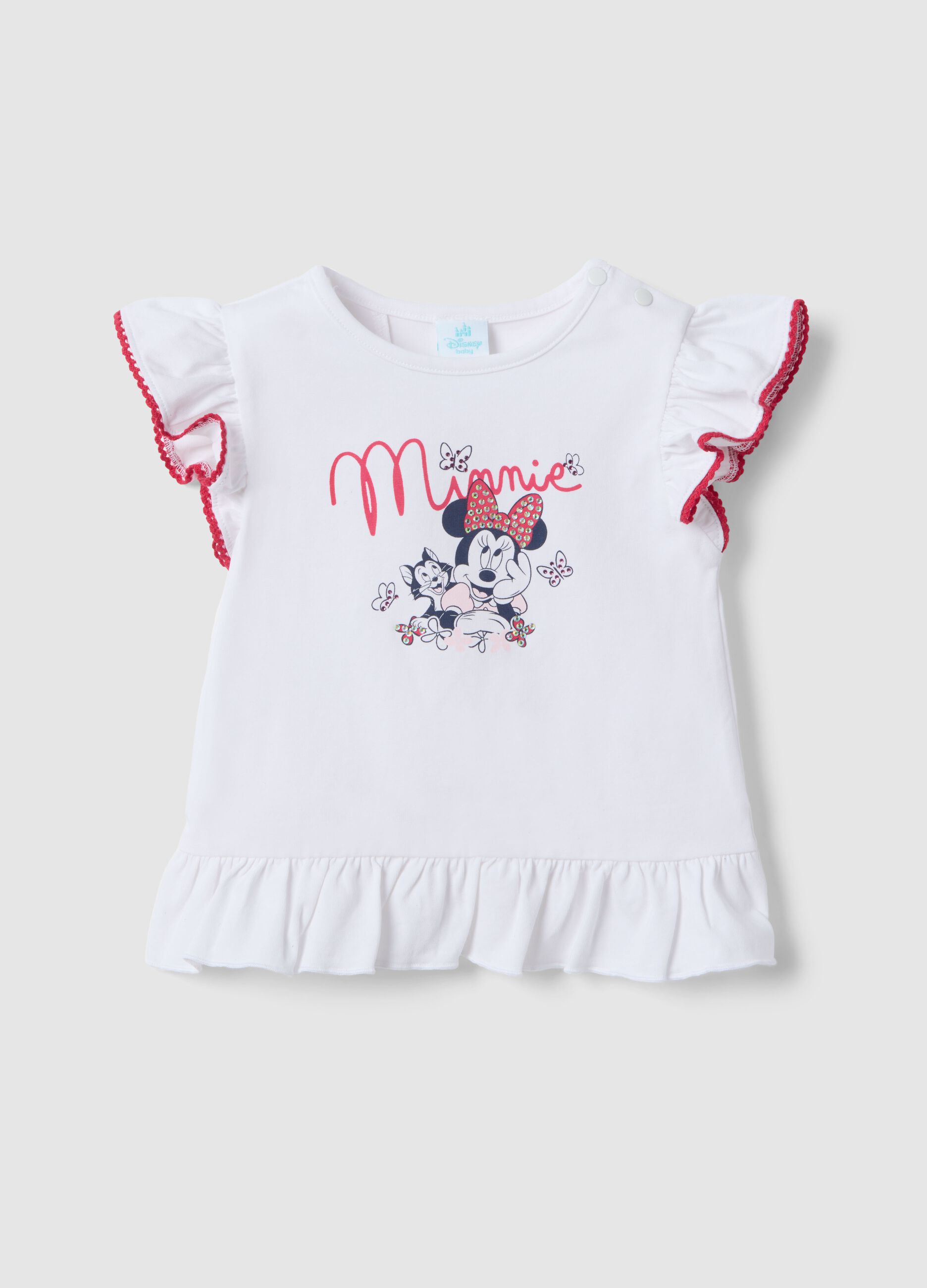 White stretch cotton girls&rsquo; t-shirt with Minnie ruffles