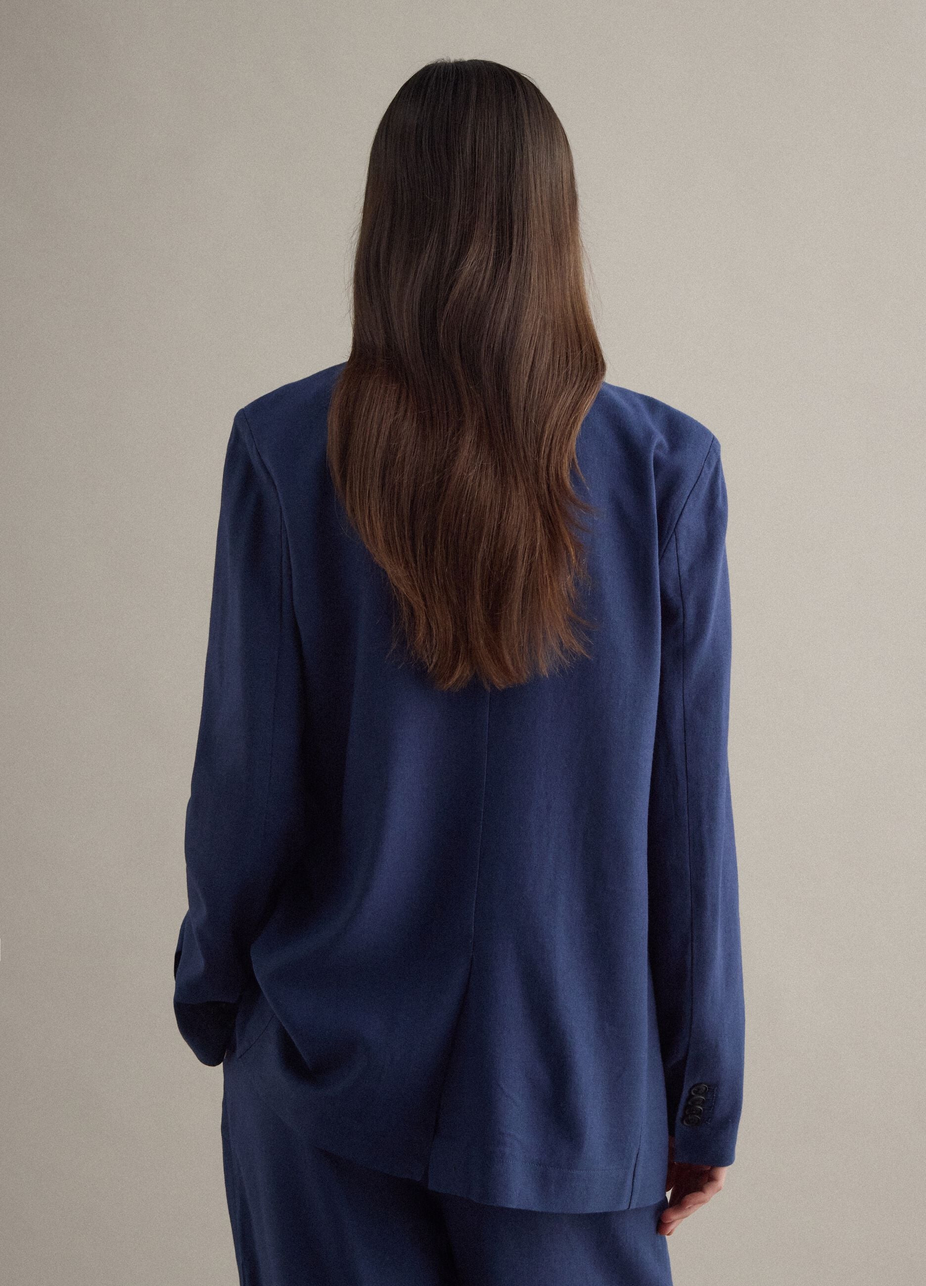 Regular Fit Blue Viscose Linen Blend Blazer