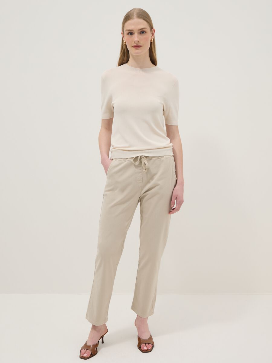 Beige stretch cotton paper bag trousers regular fit_0