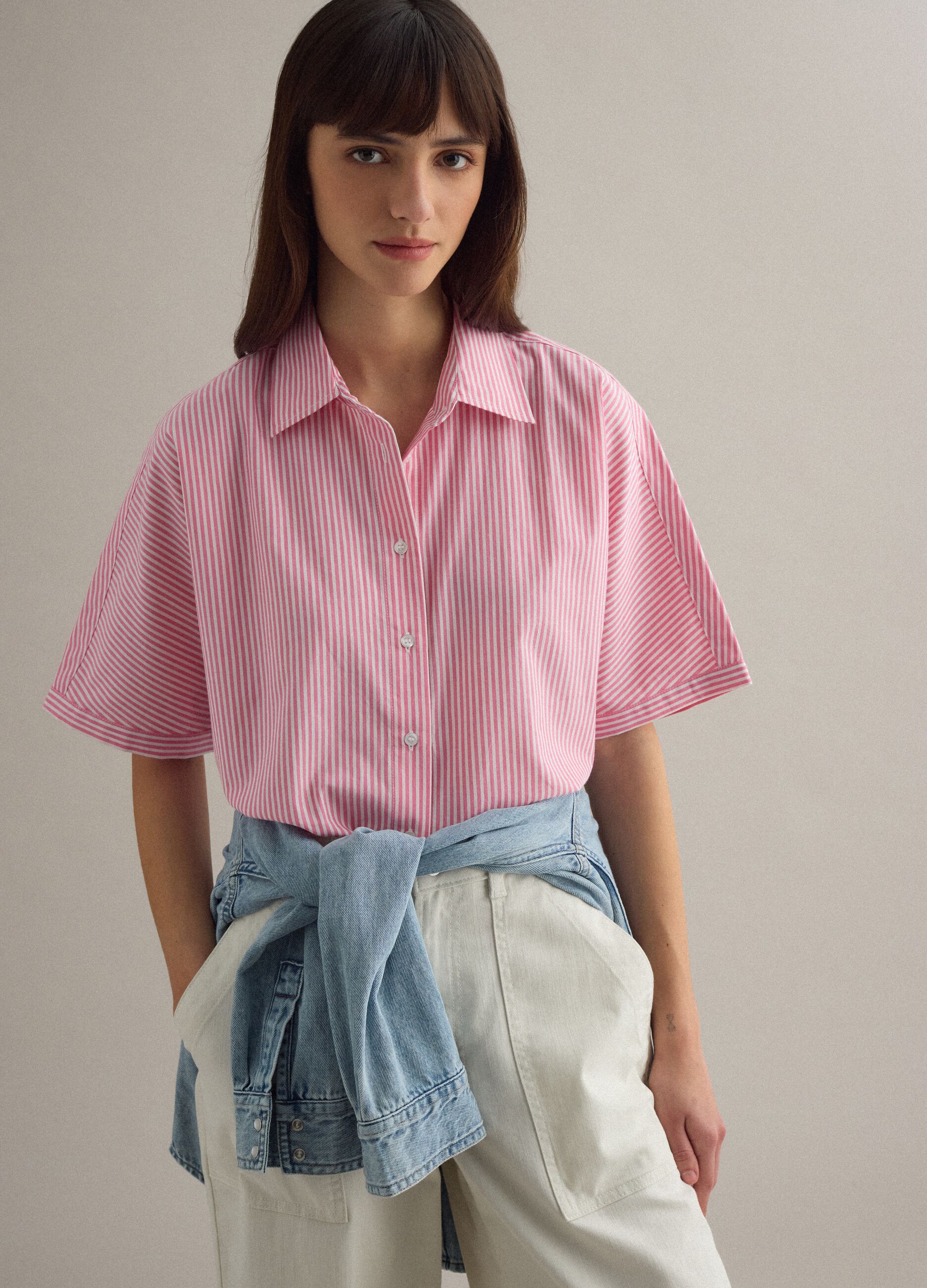 Oversized White and Pink Striped Pure Cotton Shirt