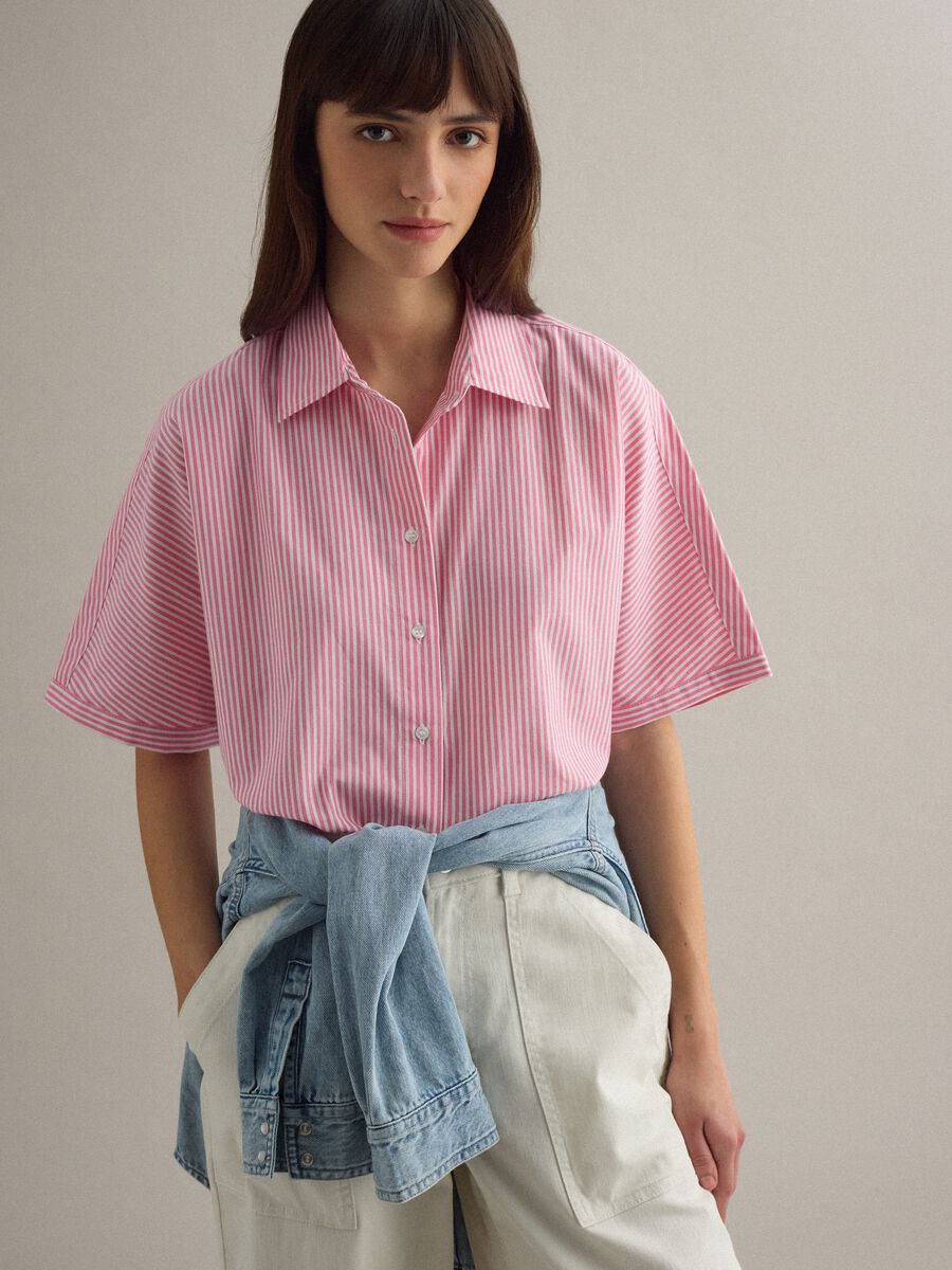 Oversized White and Pink Striped Pure Cotton Shirt_0