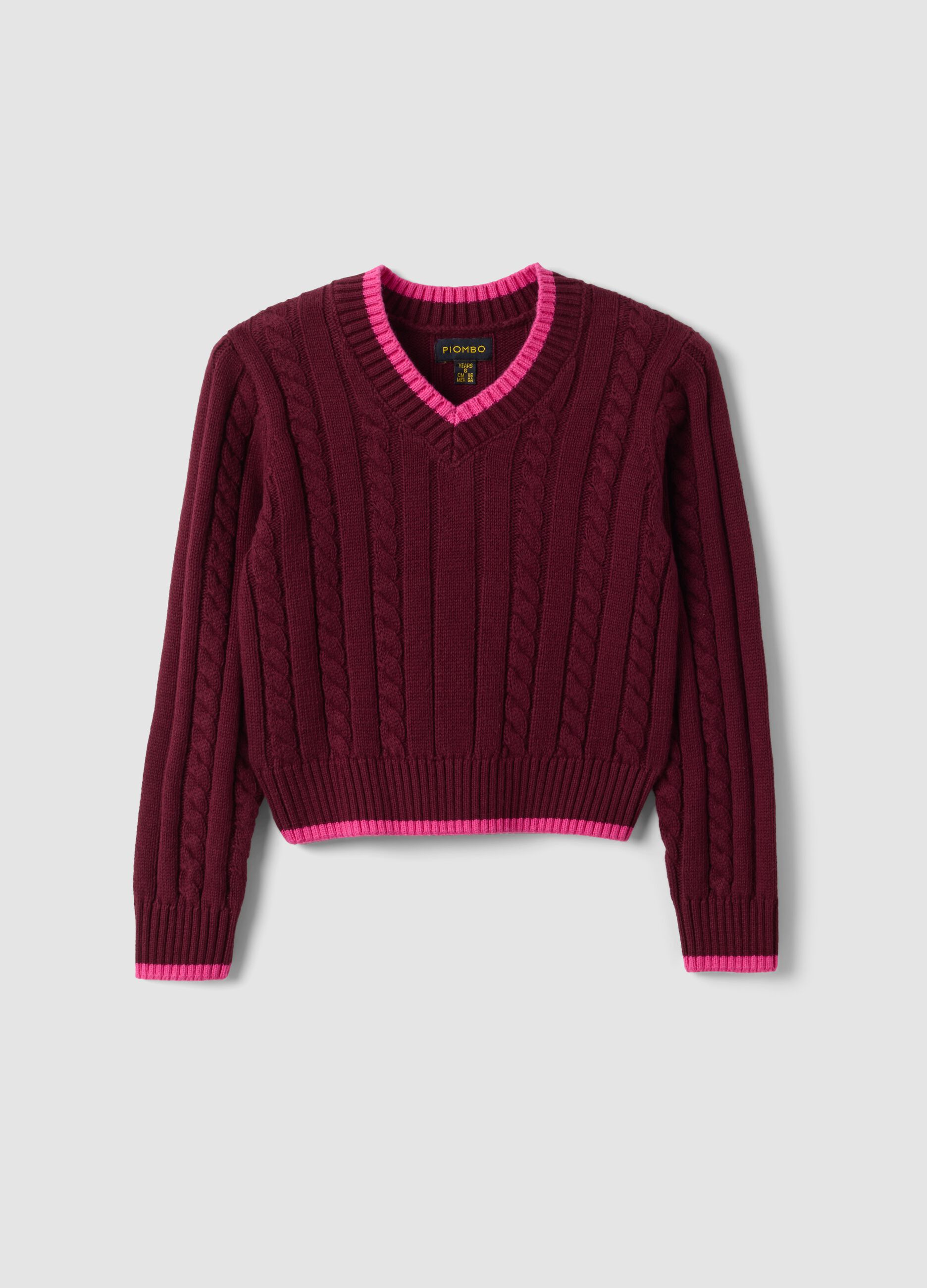 Red pure cotton cable-knit V-neck jumper for girls