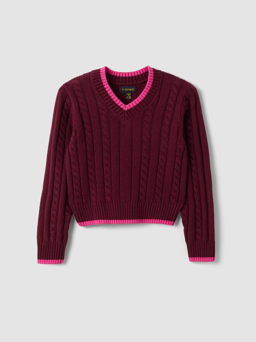 Red pure cotton cable-knit V-neck jumper for girls_0