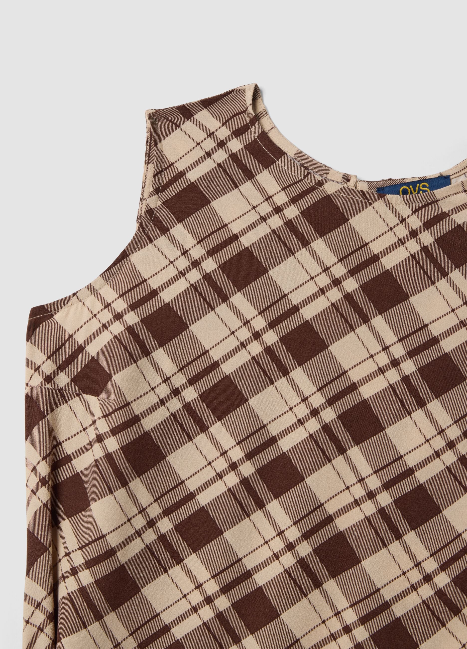 Brown checked pure viscose midi dress, regular fit
