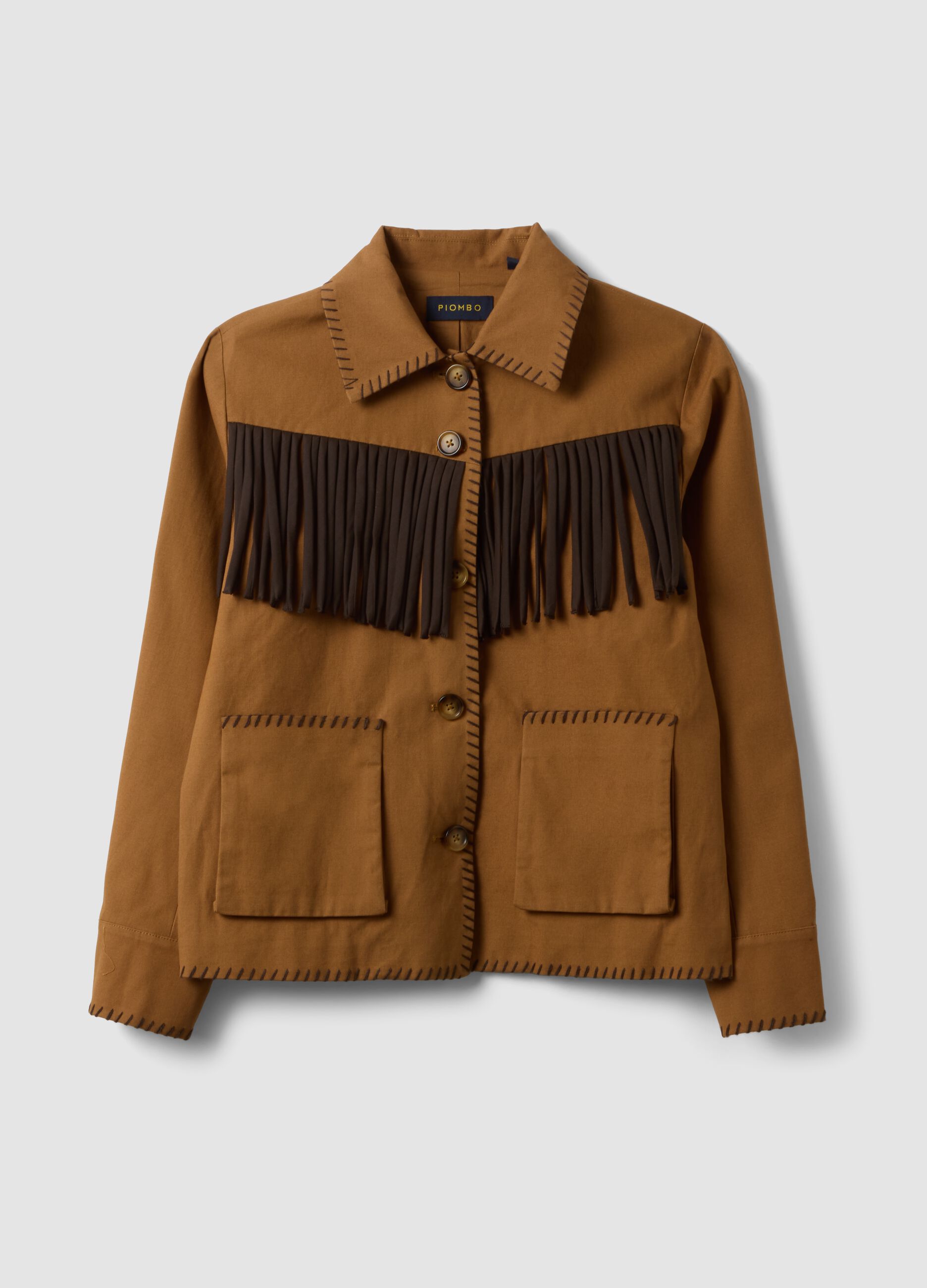 Brown pure cotton fringed shacket, regular fit