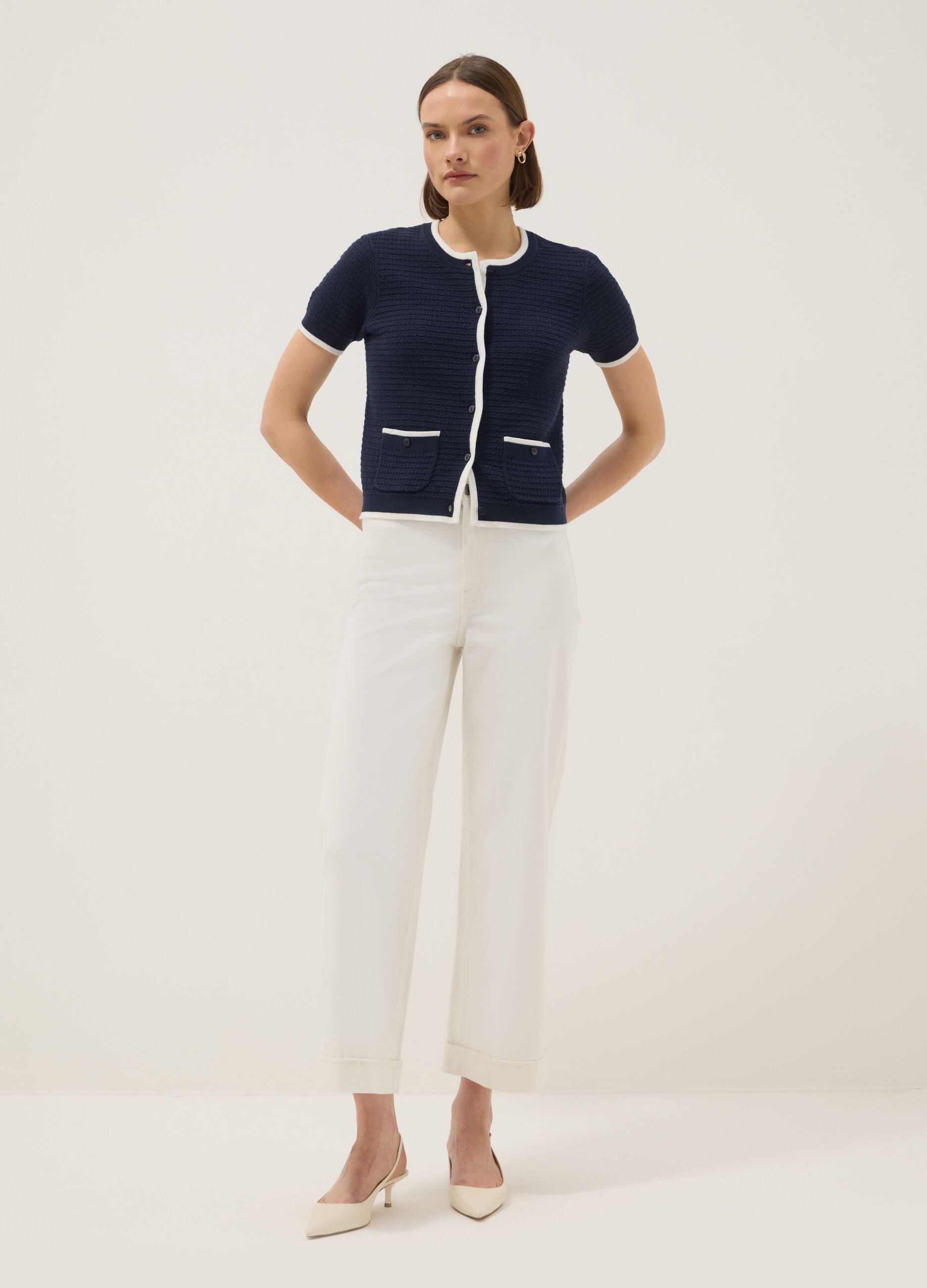 Regular fit blue cotton cardigan with buttons