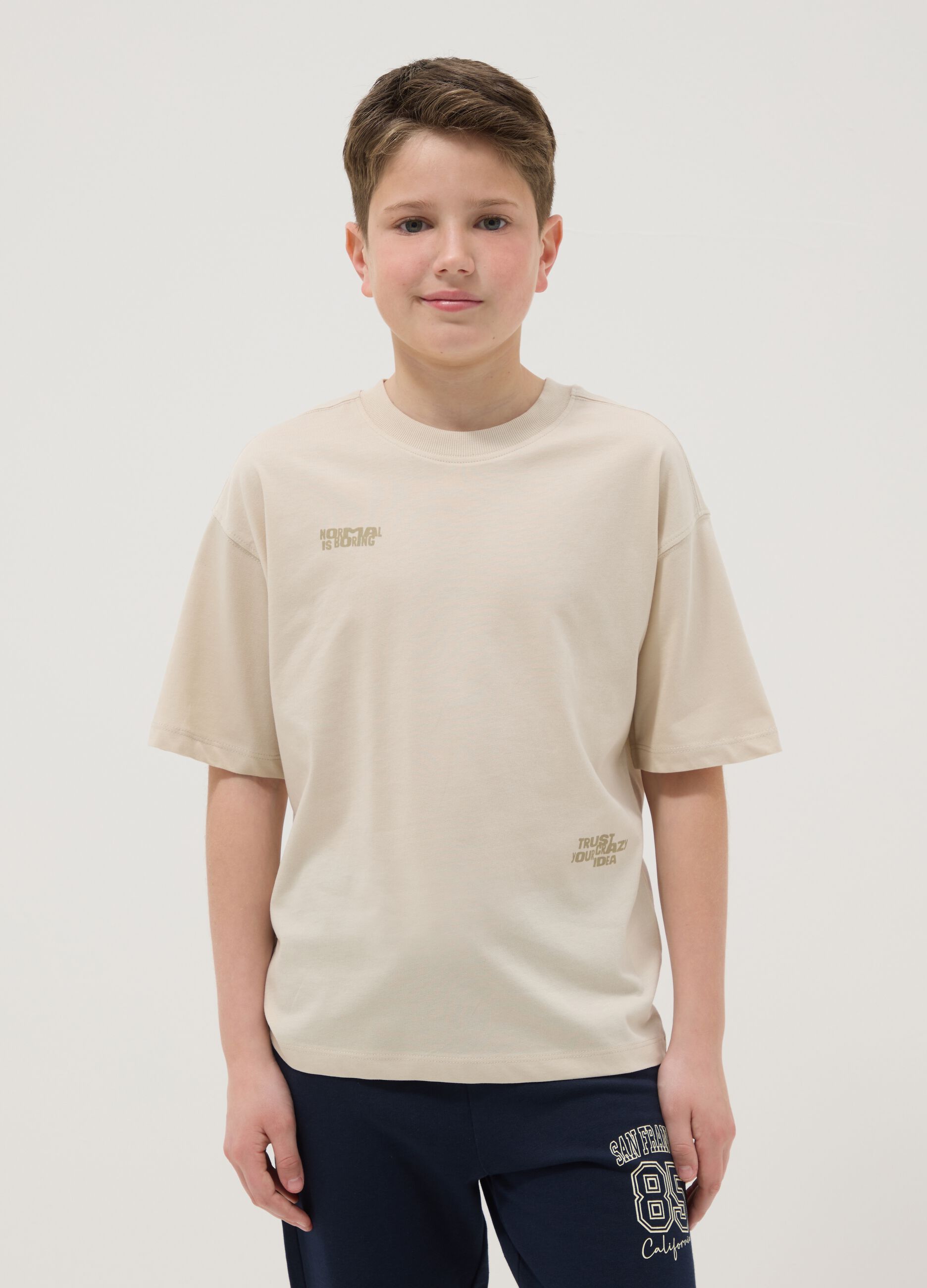 Beige oversized pure cotton T-shirt for boys