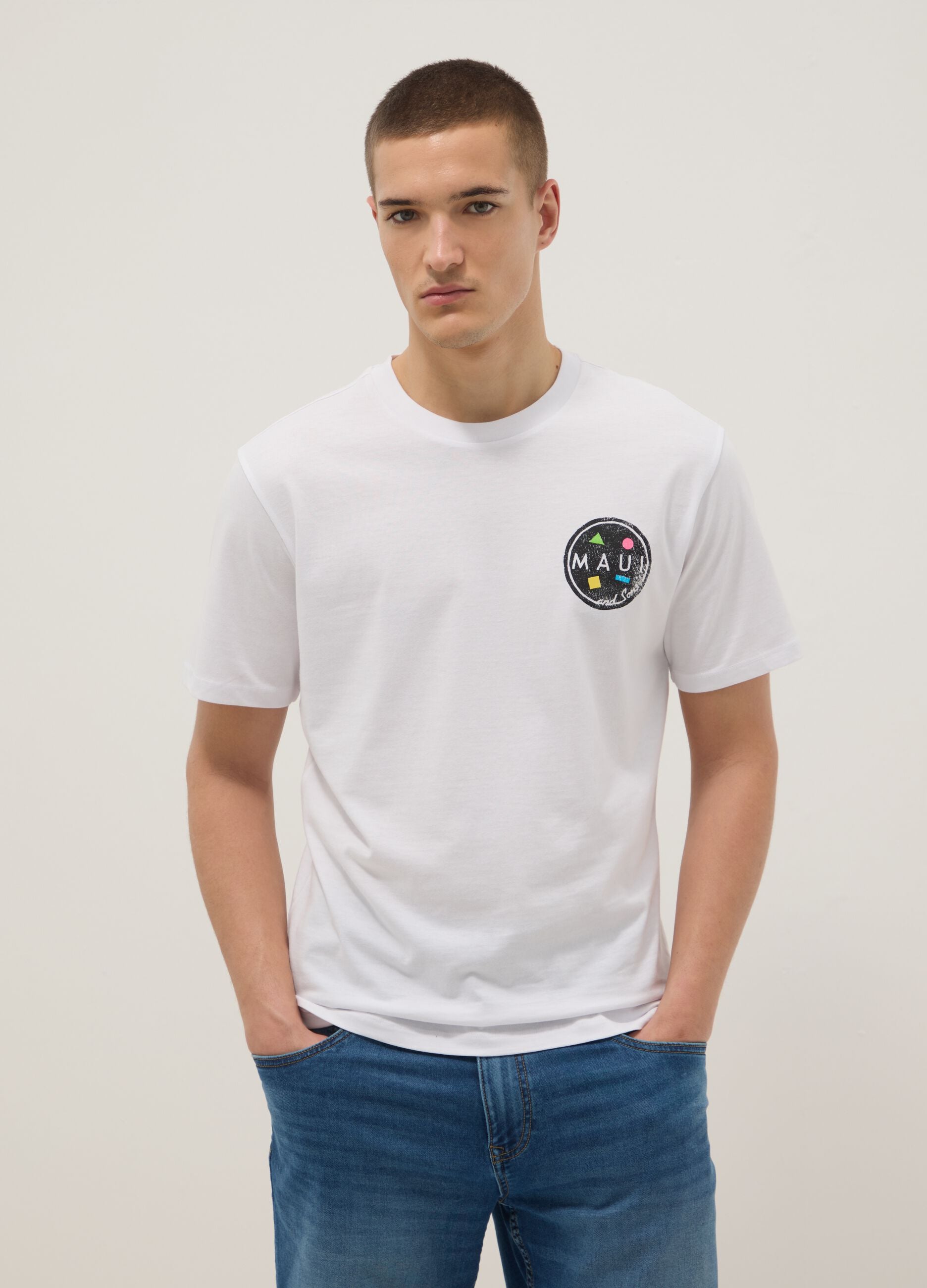 White pure cotton relaxed-fit T-shirt with print