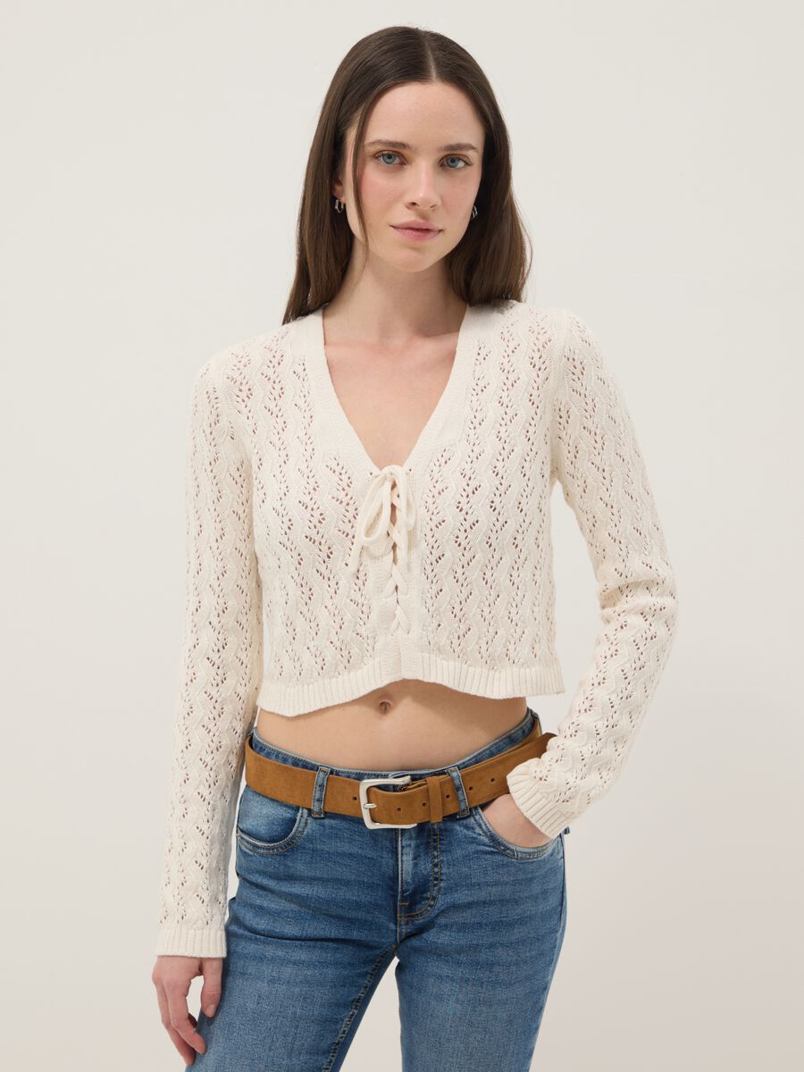 Cardigan in puro cotone beige regular fit con design traforato_0