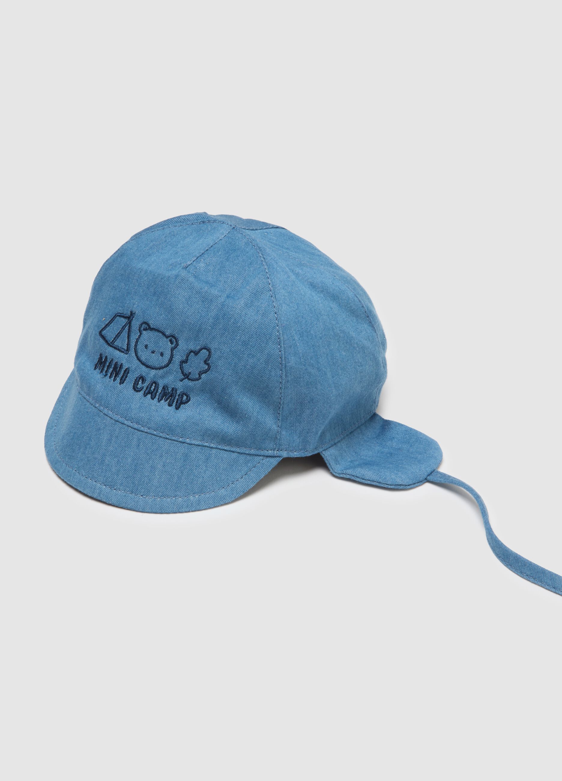 Sky blue pure cotton baby hat with inscription and ties