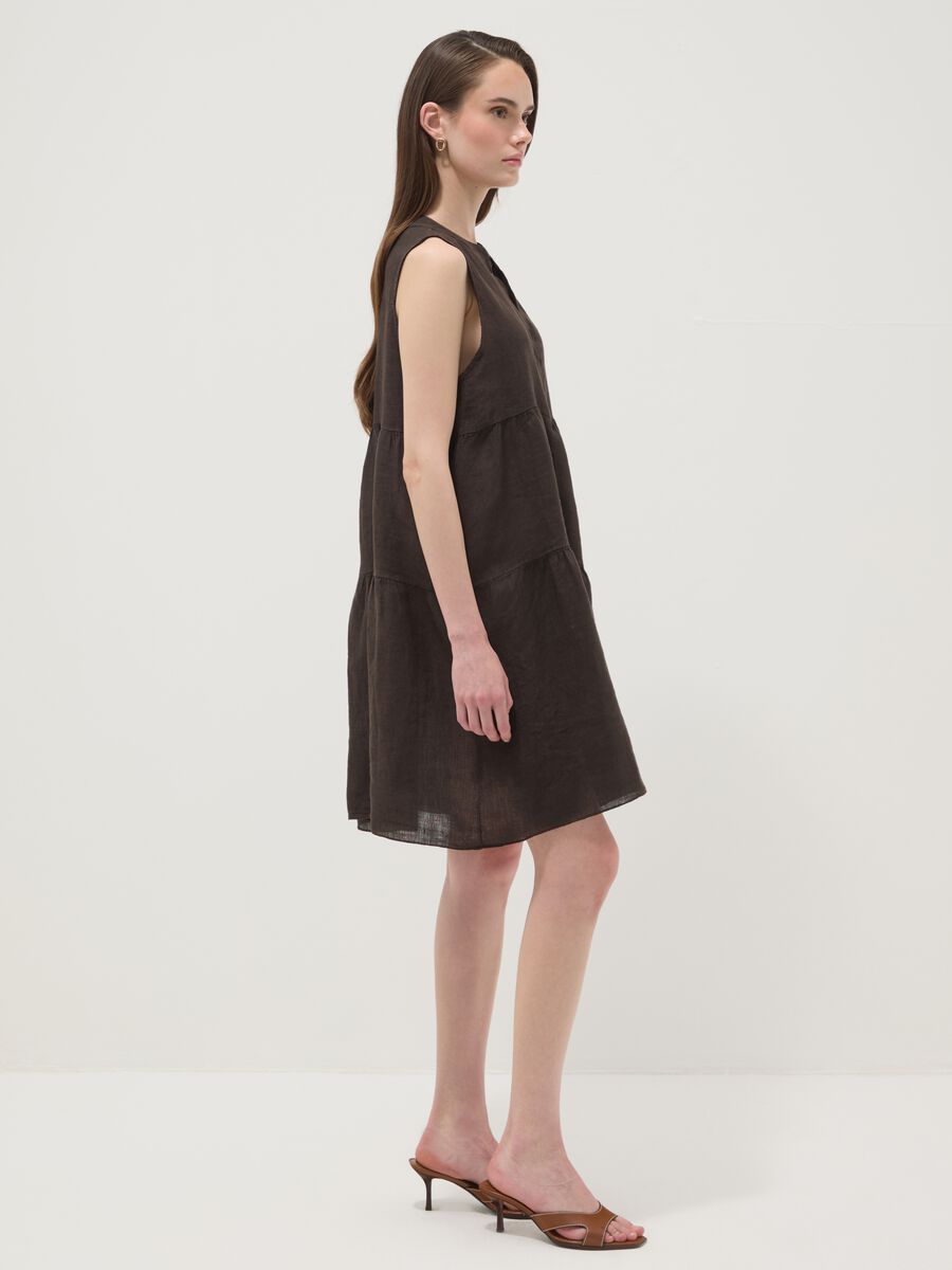 Brown sleeveless pure linen dress, regular fit_0