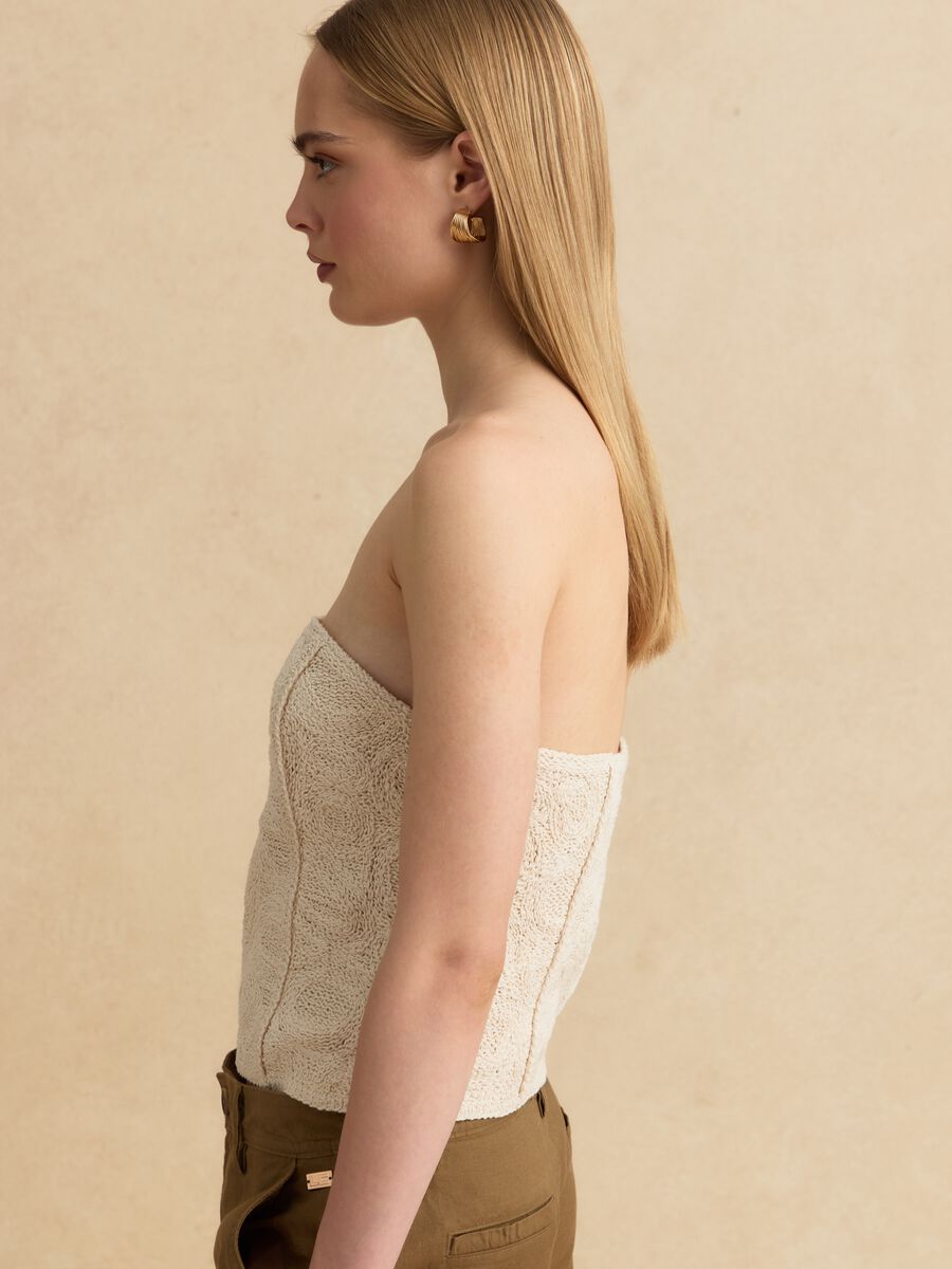 Beige strapless cotton-blend top, regular fit with textured knit_1