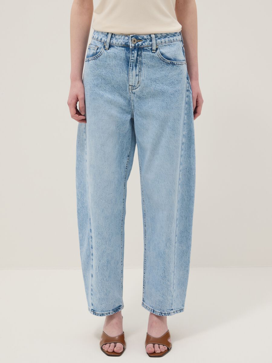Regular fit light blue cotton blend denim trousers_1