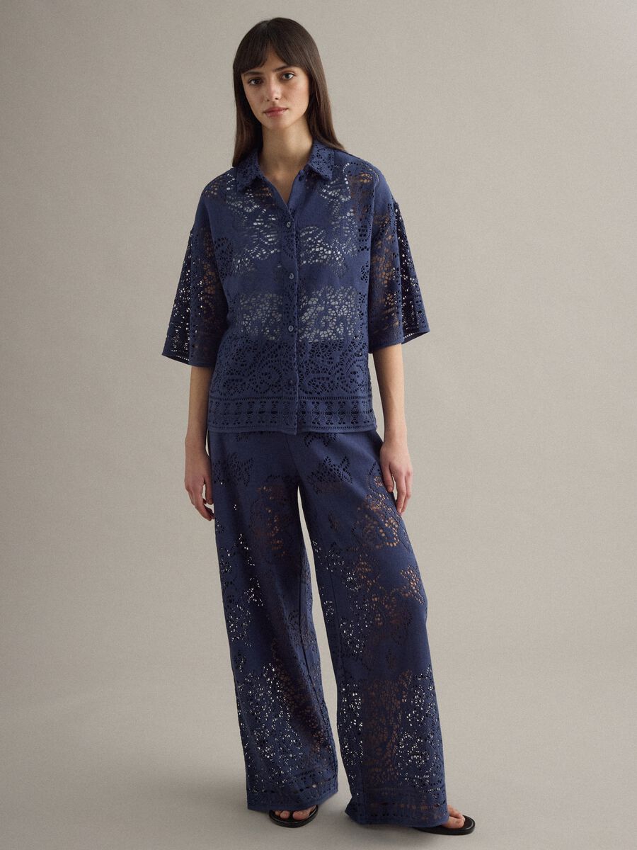 Polo blu in crochet traforato di misto cotone regular fit_0